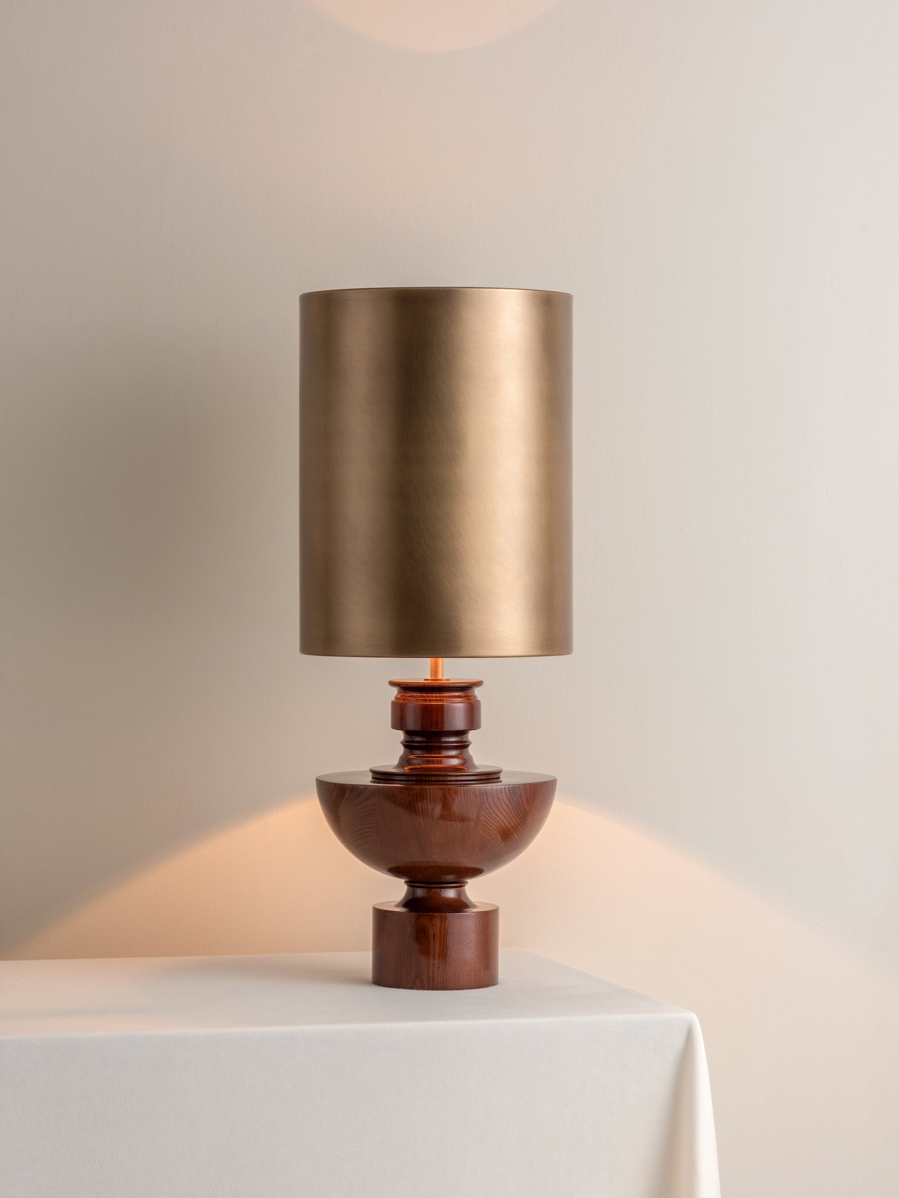 Editions spun wood lamp with + aged brass shade | Table Lamp | Lights & Lamps Inc | Modern Affordable Designer Lighting | USA