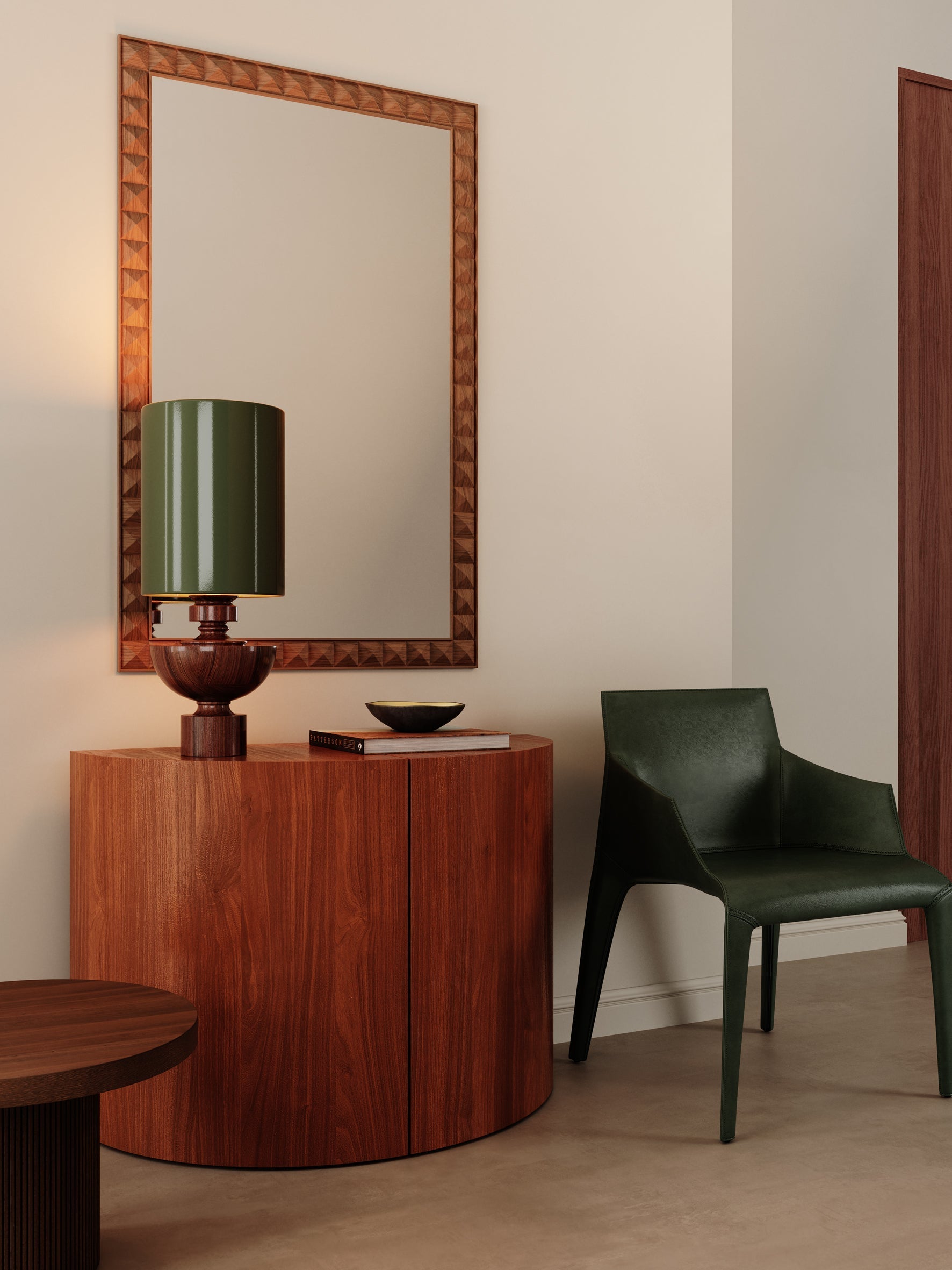Editions spun wood lamp with + green lacquer shade | Table Lamp | Lights & Lamps Inc | Modern Affordable Designer Lighting | USA