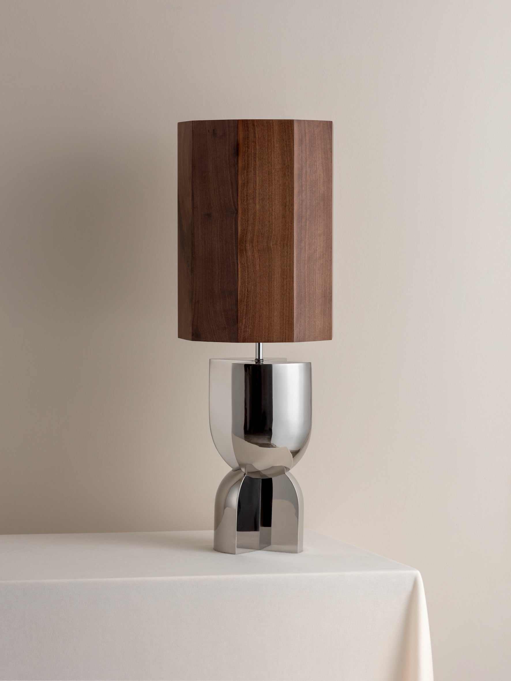 Editions chrome lamp with + walnut wood shade | Table Lamp | Lights & Lamps Inc | Modern Affordable Designer Lighting | USA