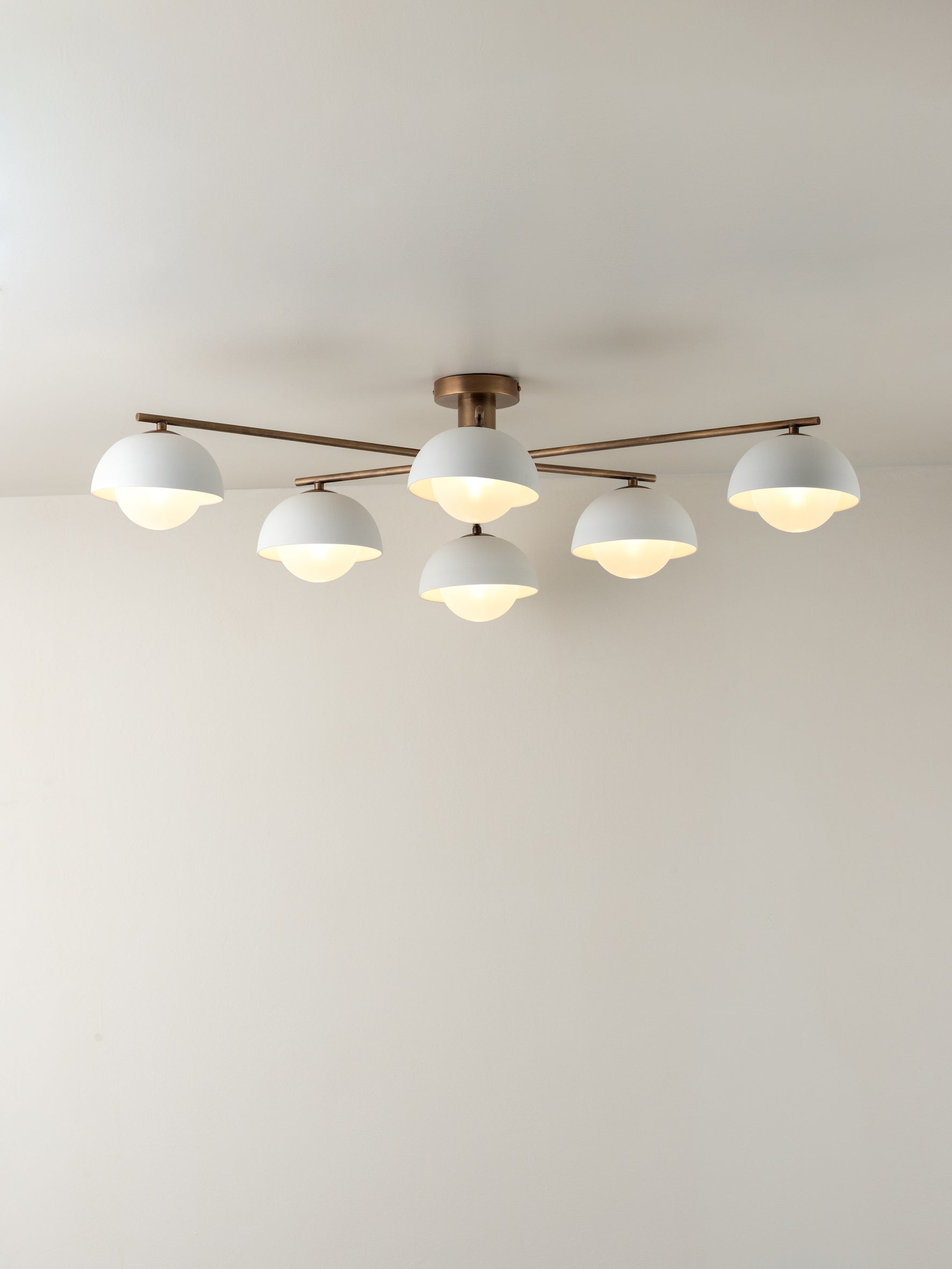 Porsa - 6 light aged brass and warm white porcelain flush | Ceiling Light | Lights & Lamps Inc | Modern Affordable Designer Lighting | USA