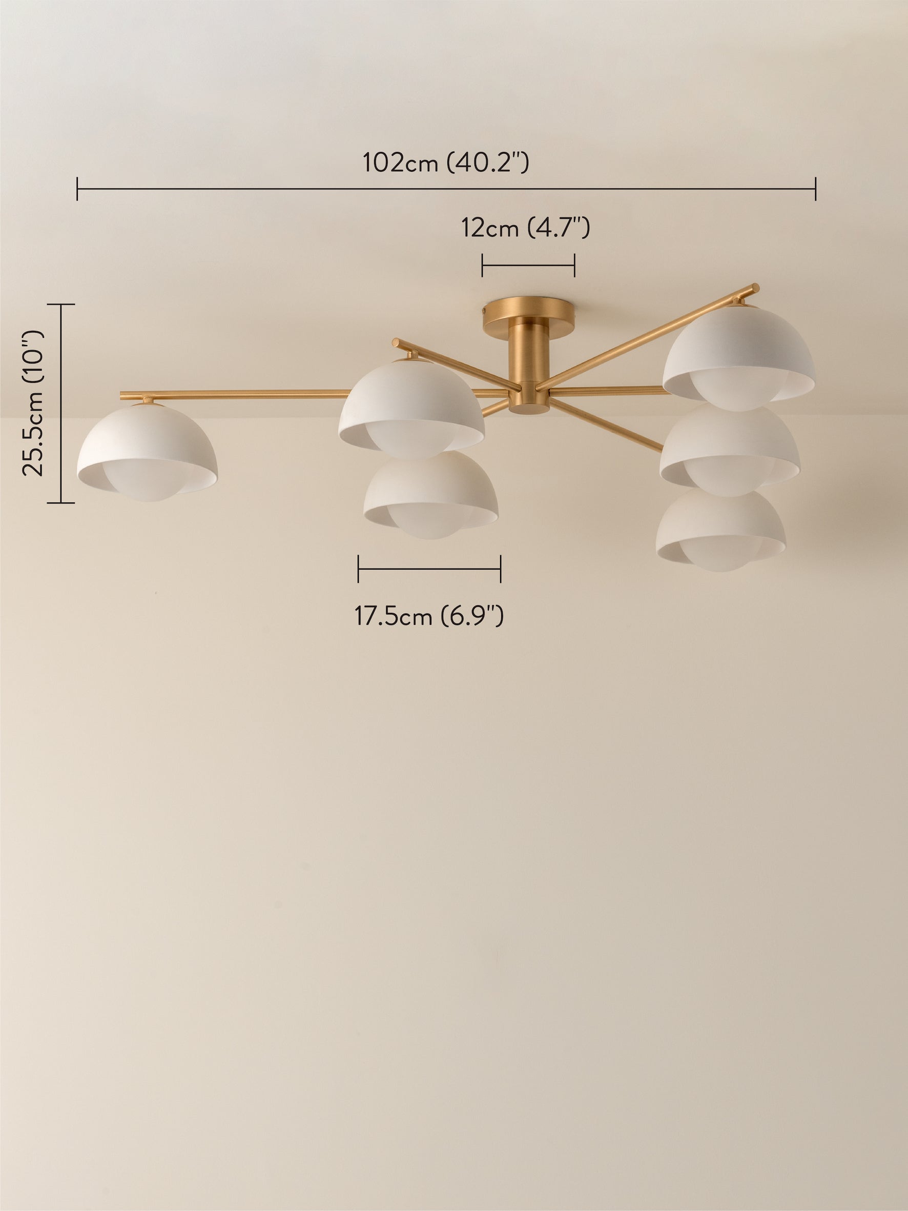 Porsa - 6 light aged brass and warm white porcelain flush | Ceiling Light | Lights & Lamps Inc | Modern Affordable Designer Lighting | USA
