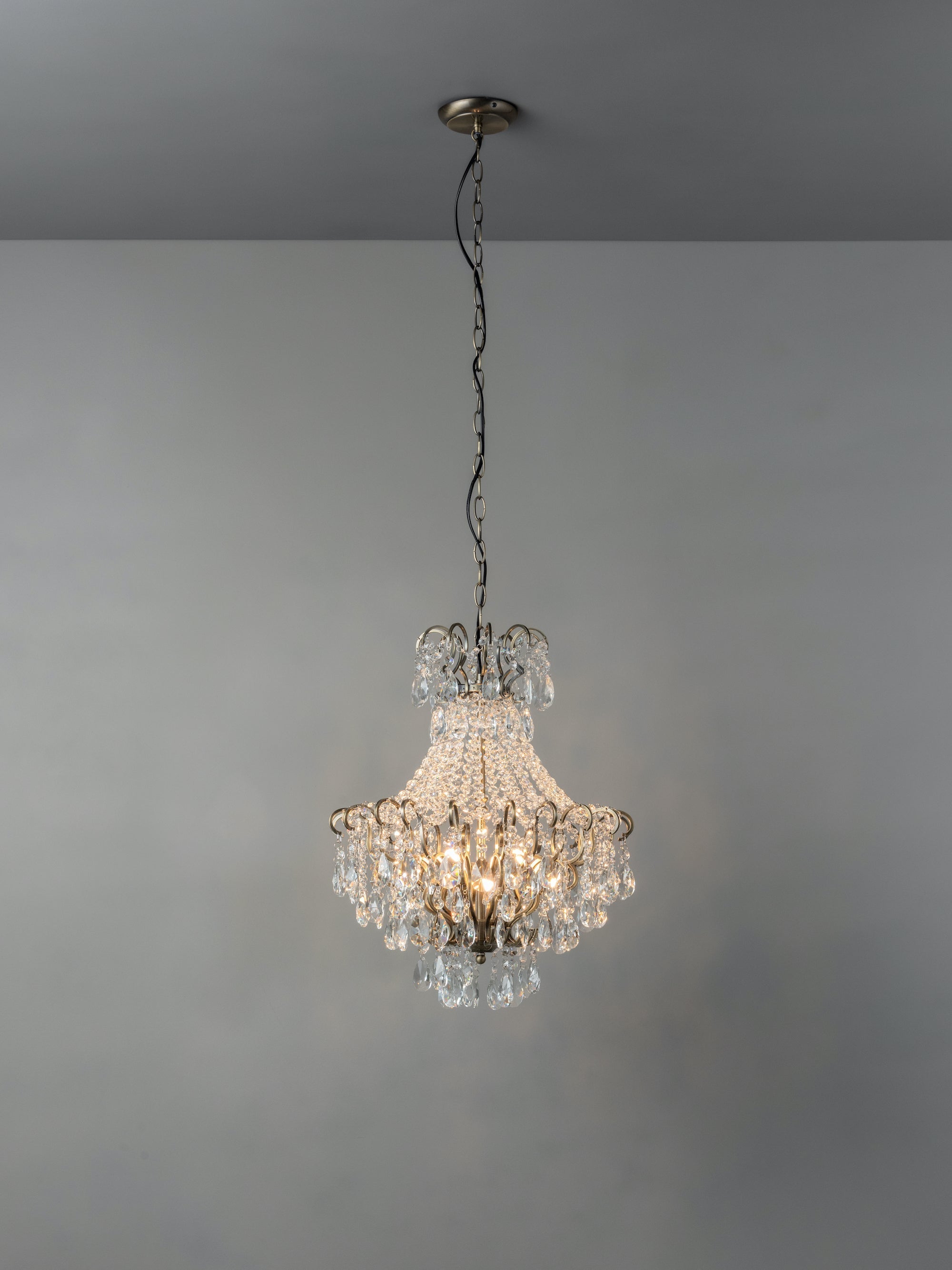 Lina - 4 light antique brass crystal glass chandelier | Ceiling Light | Lights & Lamps Inc | Modern Affordable Designer Lighting | USA