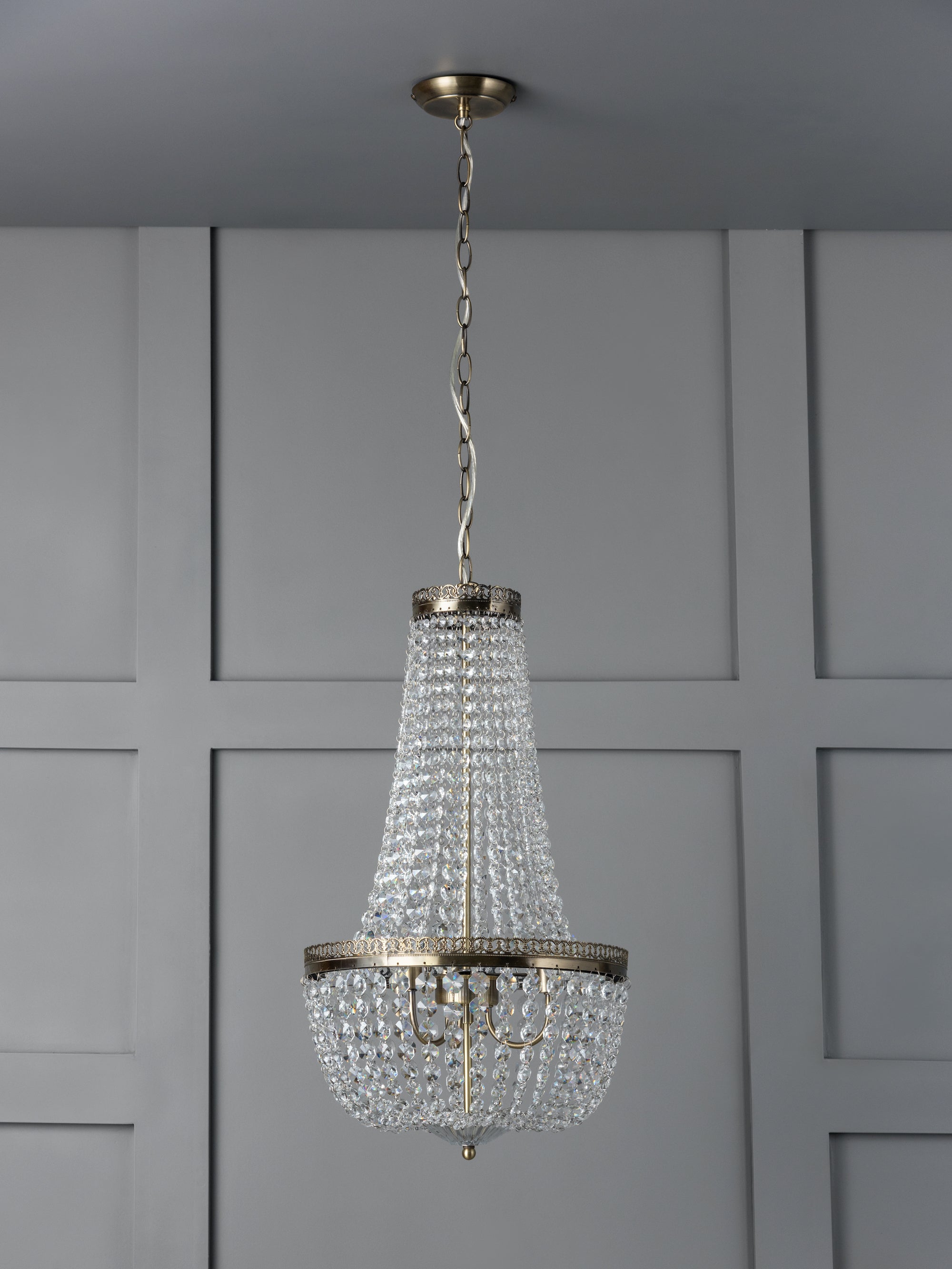 Pioni - 3 light antique brass crystal glass chandelier | Ceiling Light | Lights & Lamps Inc | Modern Affordable Designer Lighting | USA