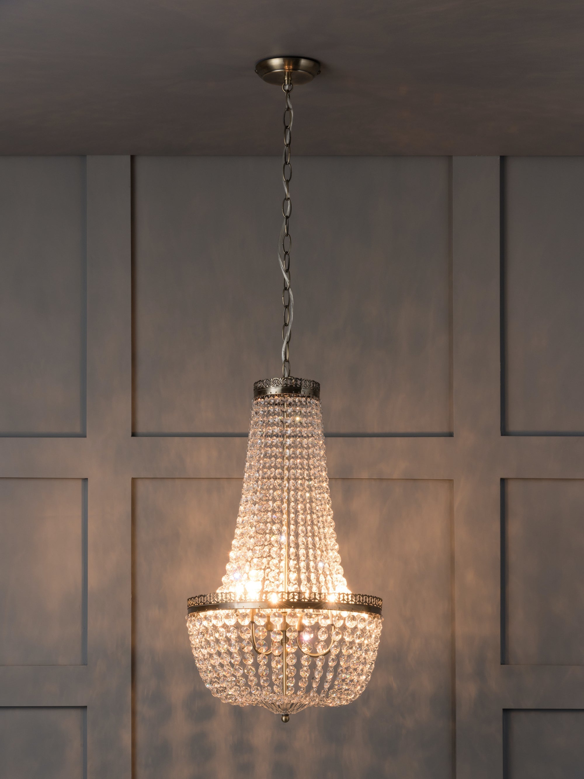 Pioni - 3 light antique brass crystal glass chandelier | Ceiling Light | Lights & Lamps Inc | Modern Affordable Designer Lighting | USA