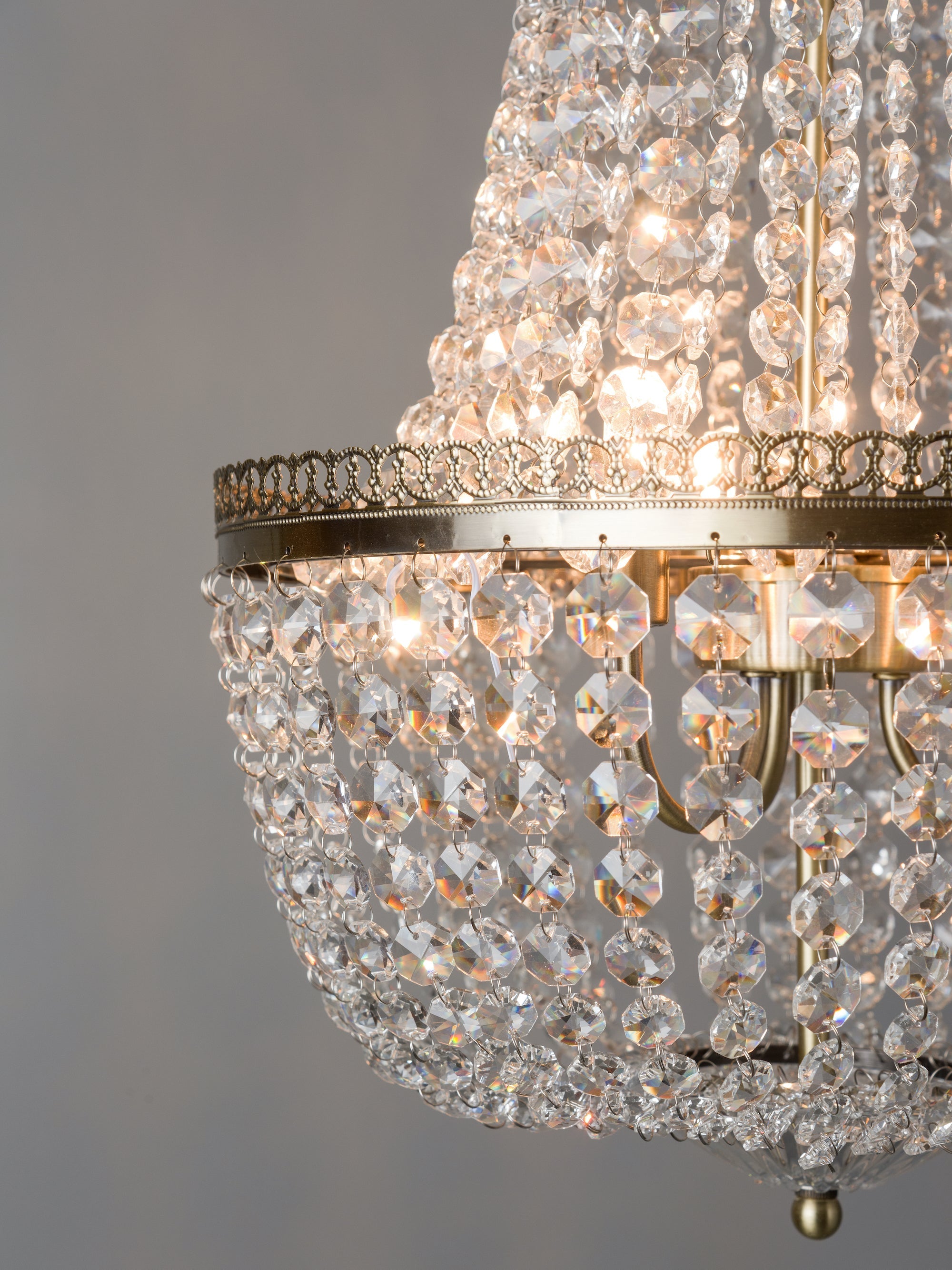 Pioni - 3 light antique brass crystal glass chandelier | Ceiling Light | Lights & Lamps Inc | Modern Affordable Designer Lighting | USA