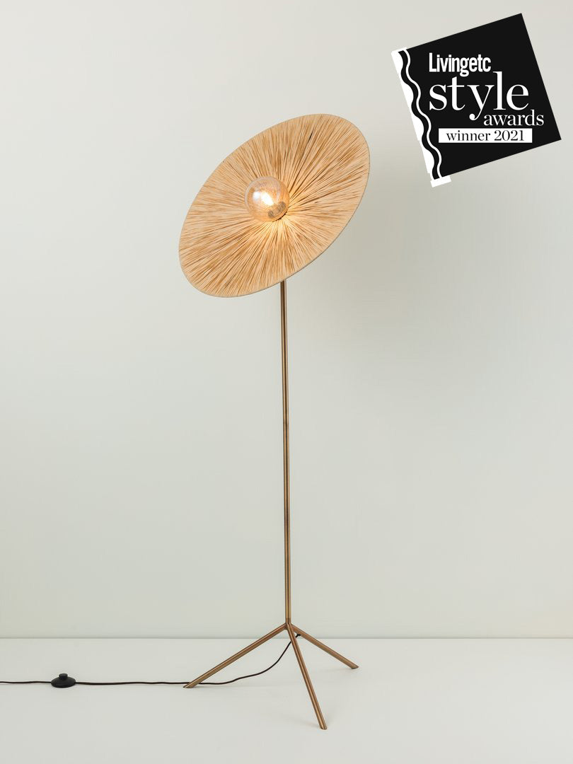 Ridotti - 1 Light Natural Raffia and Burnished Brass Floor Lamp | Floor Lamp | Lights & Lamps Inc | Modern Affordable Designer Lighting | USA