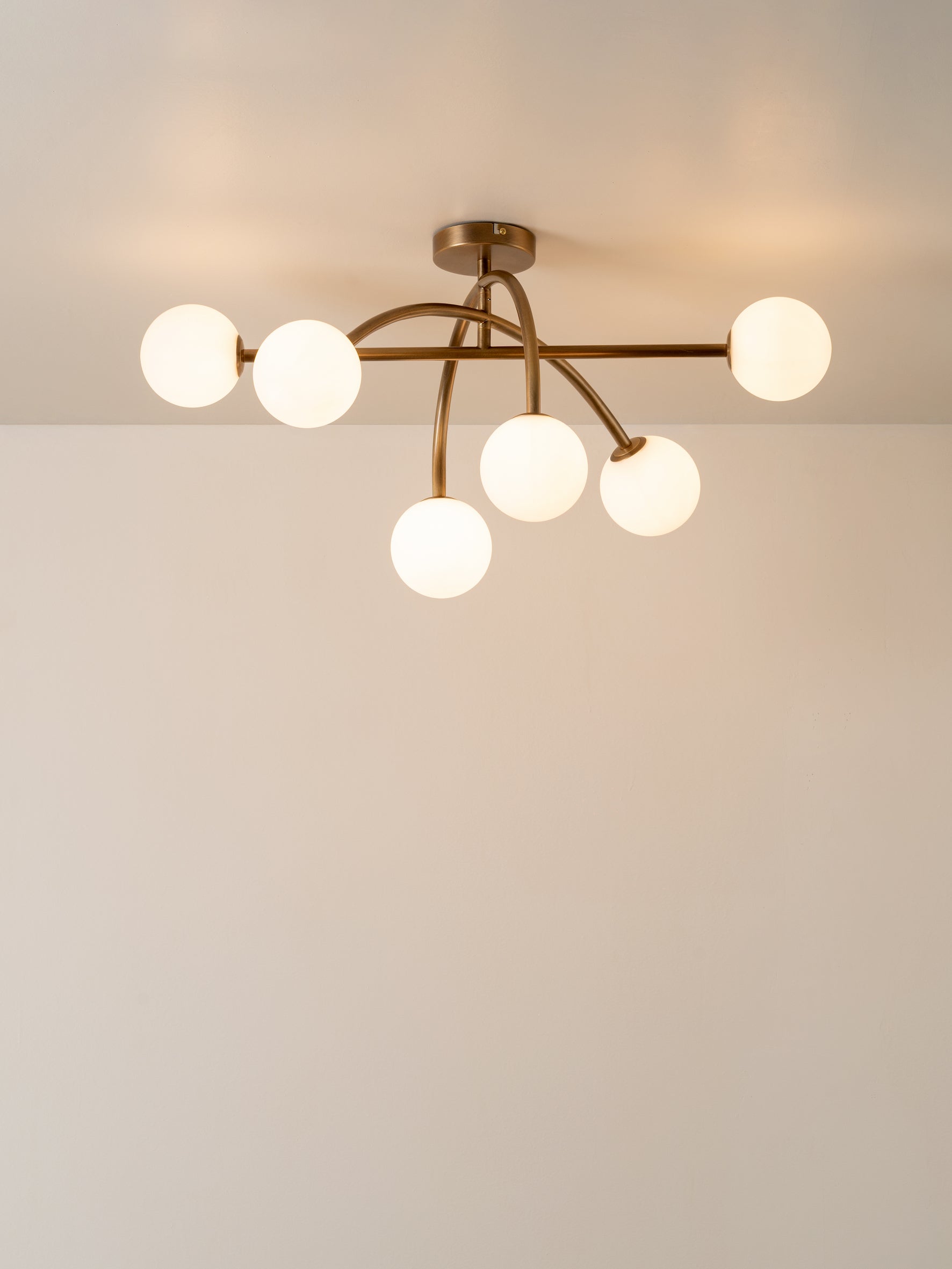 Perry - 6 light aged brass and opal flush pendant | Ceiling Light | Lights & Lamps Inc | Modern Affordable Designer Lighting | USA