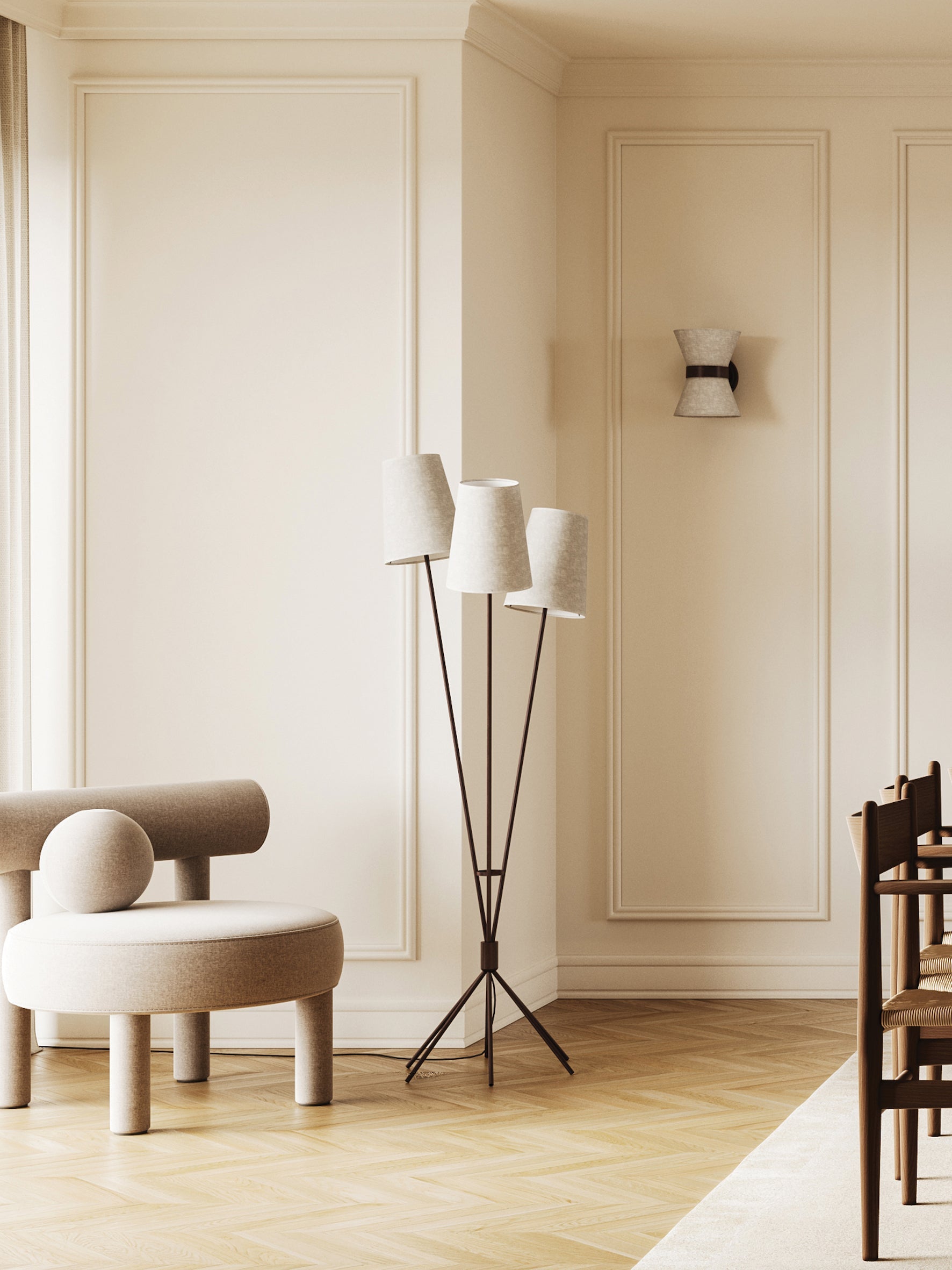Renwick - 3 light linen and bronze floor lamp | Floor Lamp | Lights & Lamps Inc | Modern Affordable Designer Lighting | USA