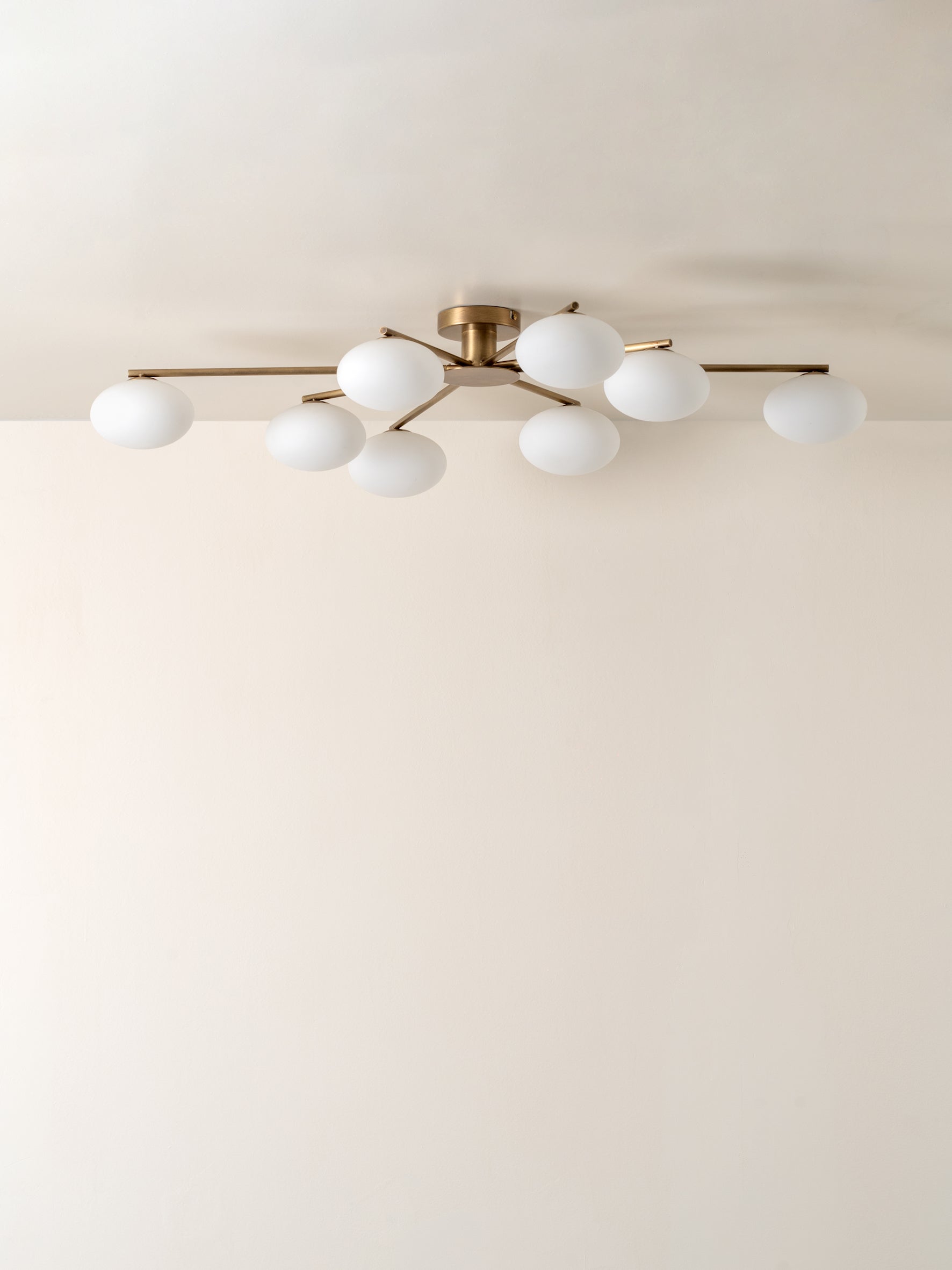 Imperial - 8 light aged brass and opal flush pendant | Ceiling Light | Lights & Lamps Inc | Modern Affordable Designer Lighting | USA