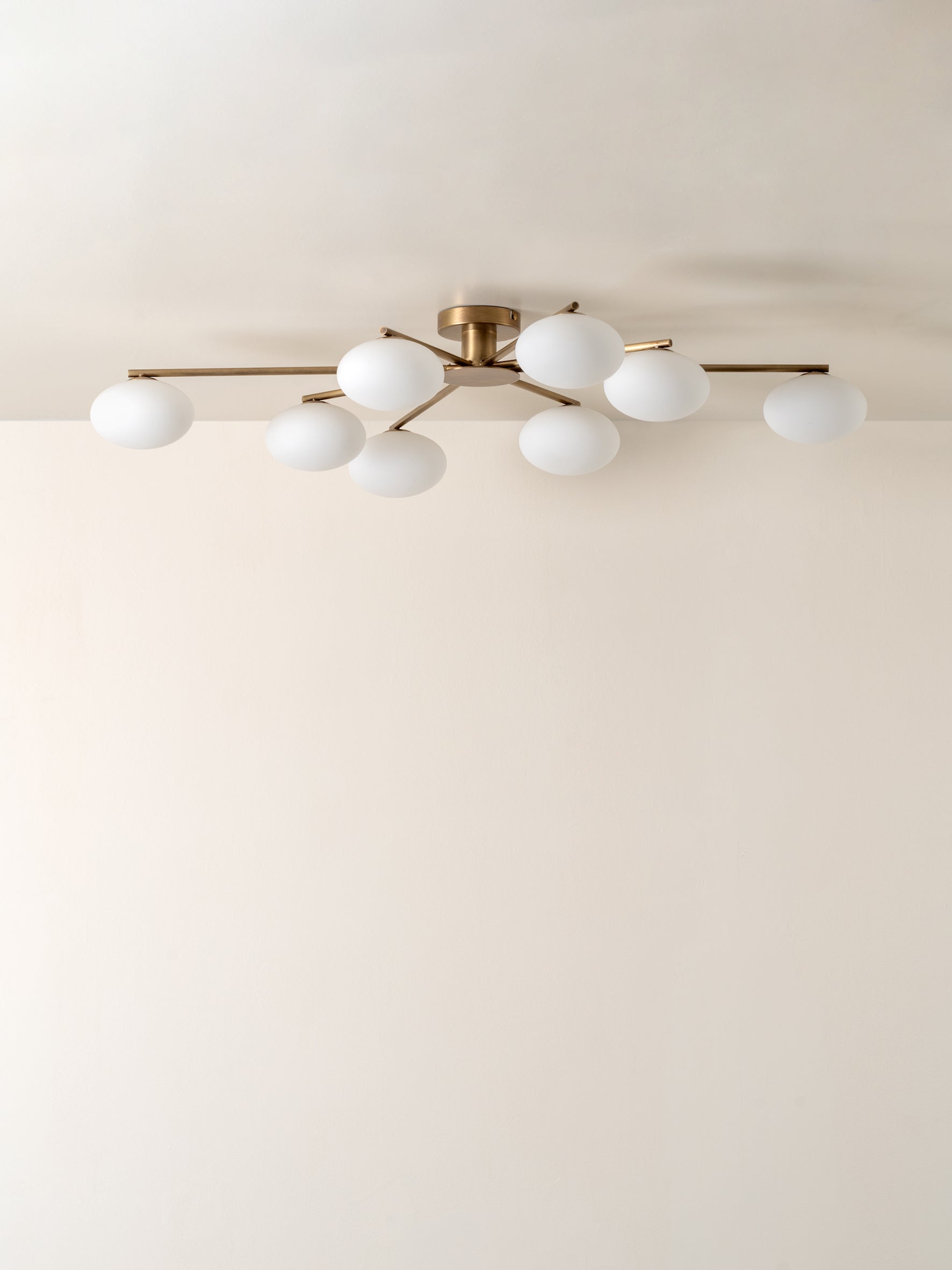 Imperial - 8 light aged brass and opal flush pendant | Ceiling Light | Lights & Lamps Inc | Modern Affordable Designer Lighting | USA
