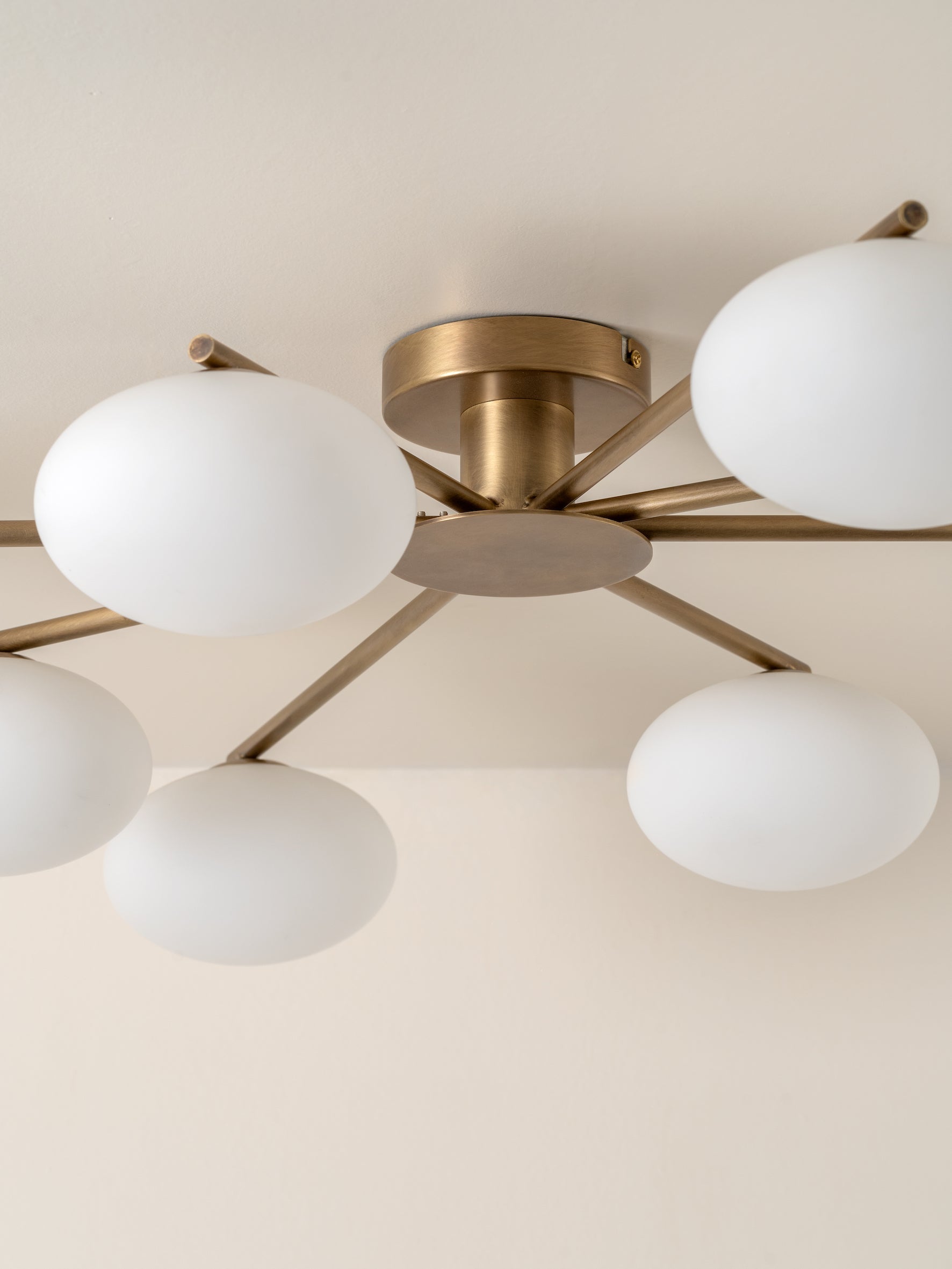 Imperial - 8 light aged brass and opal flush pendant | Ceiling Light | Lights & Lamps Inc | Modern Affordable Designer Lighting | USA
