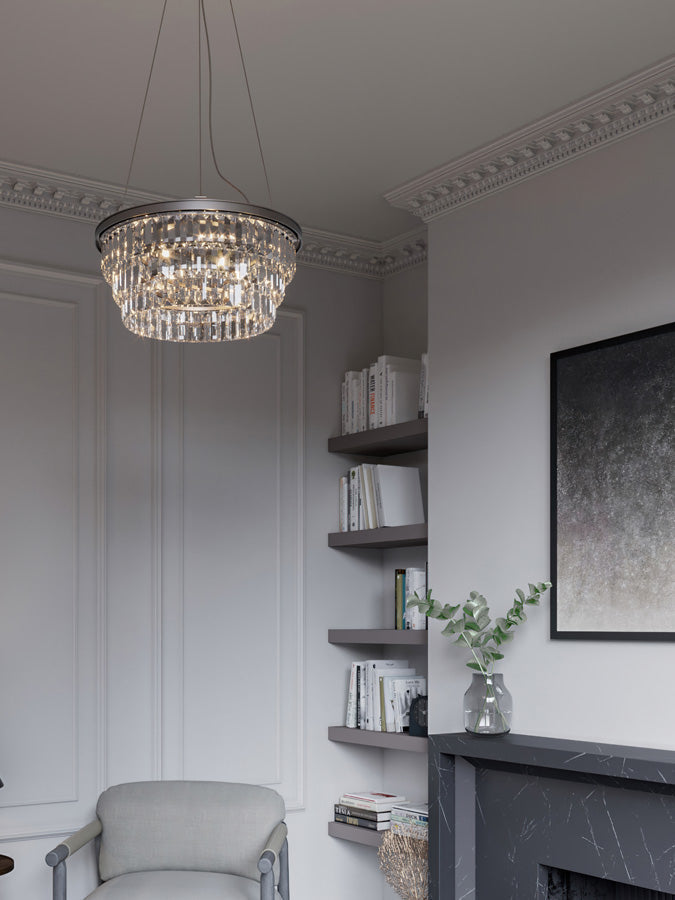 Alila - 5 light graphite silver tiered crystal glass chandelier | Ceiling Light | Lights & Lamps Inc | Modern Affordable Designer Lighting | USA