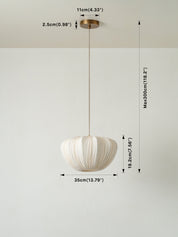 A hanging pendant light with a cream pleated shade and a brass ceiling canopy, shown with dimension lines and labels indicating height, width, and canopy measurements.