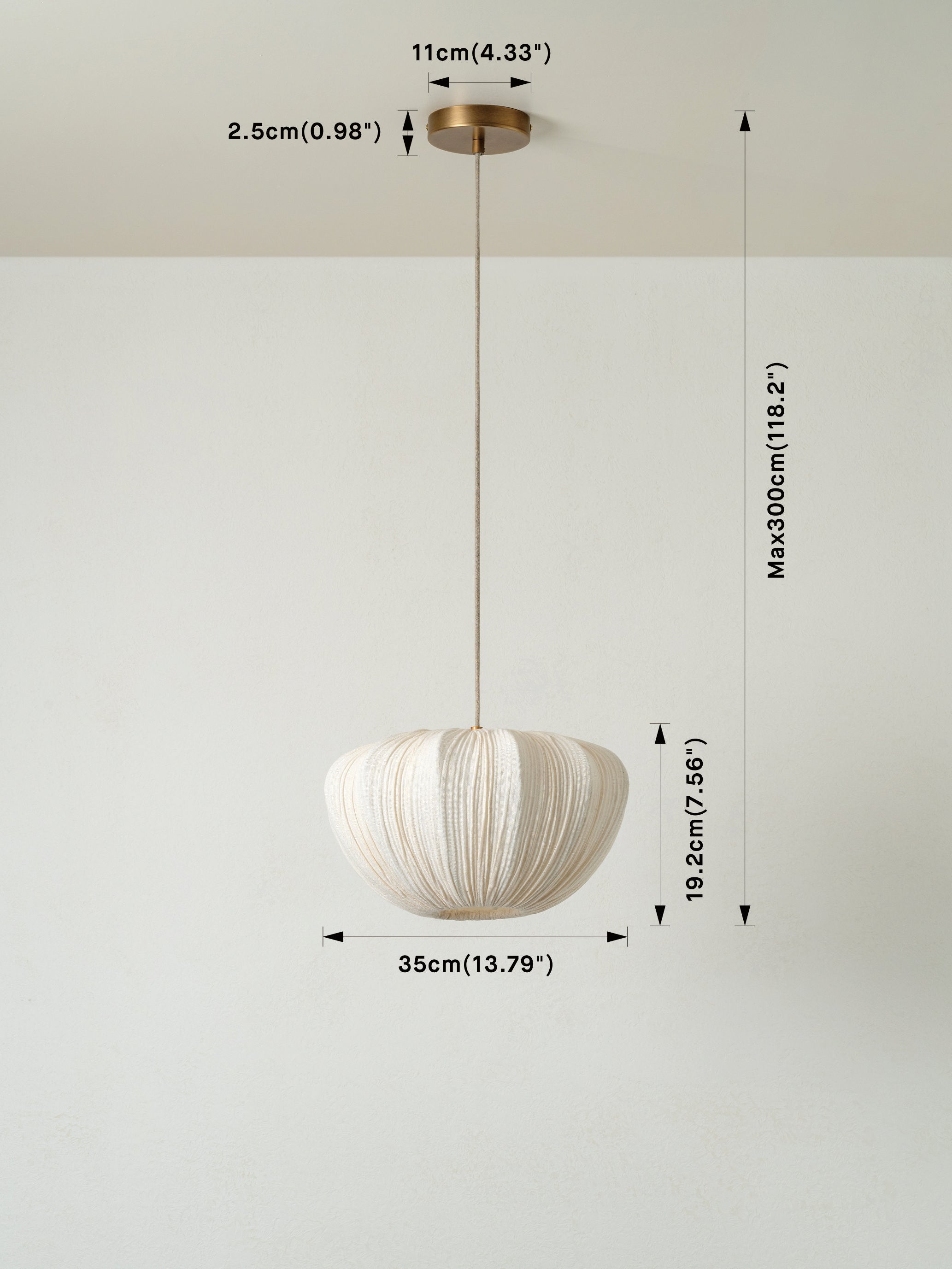 A hanging pendant light with a cream pleated shade and a brass ceiling canopy, shown with dimension lines and labels indicating height, width, and canopy measurements.