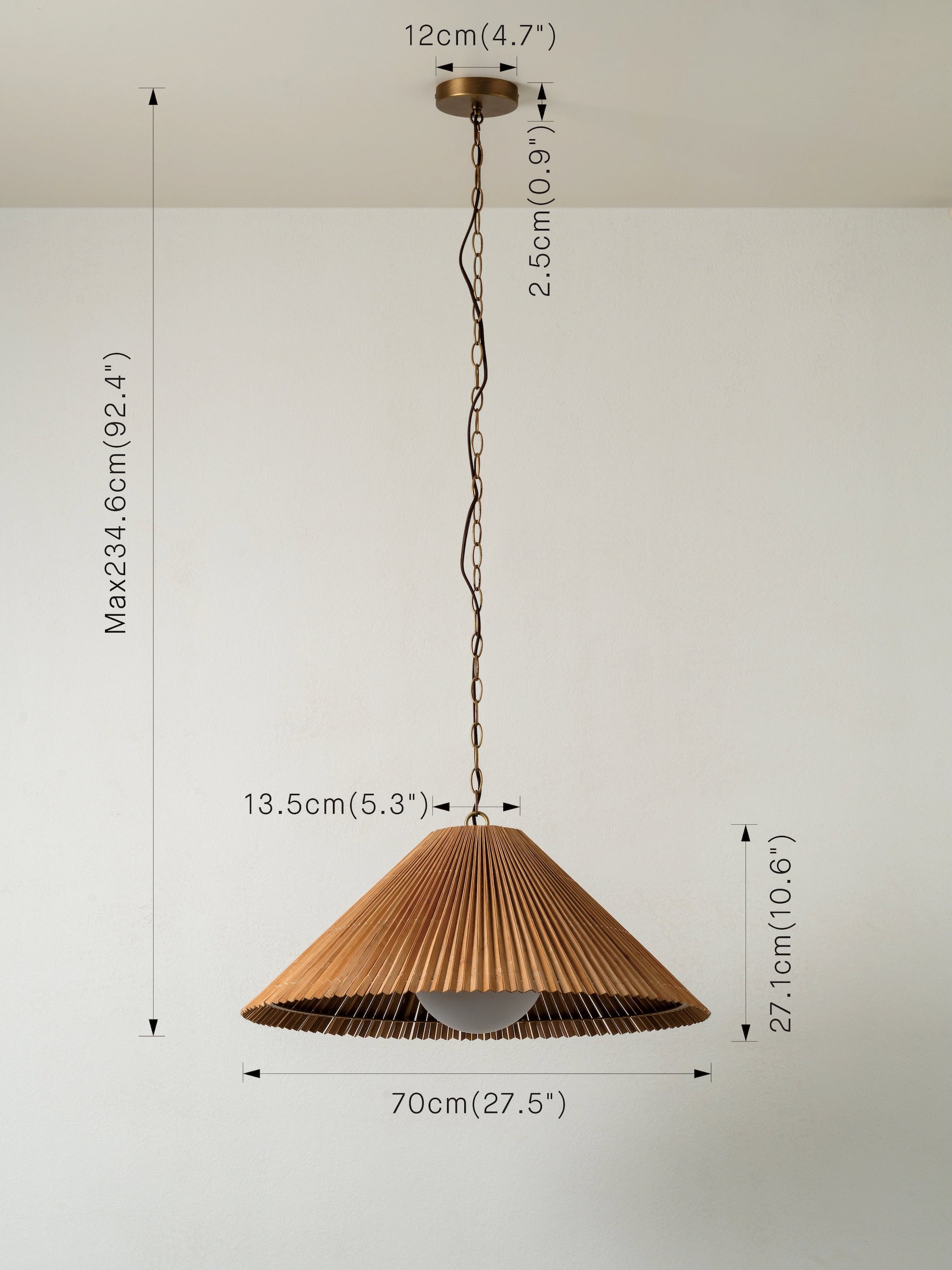 Pendant light with dimensions labeled on a white background