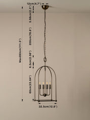 A hanging cage-style pendant light fixture with multiple candle-style bulbs, shown against a plain beige wall with overlaid dimension labels and measurements.