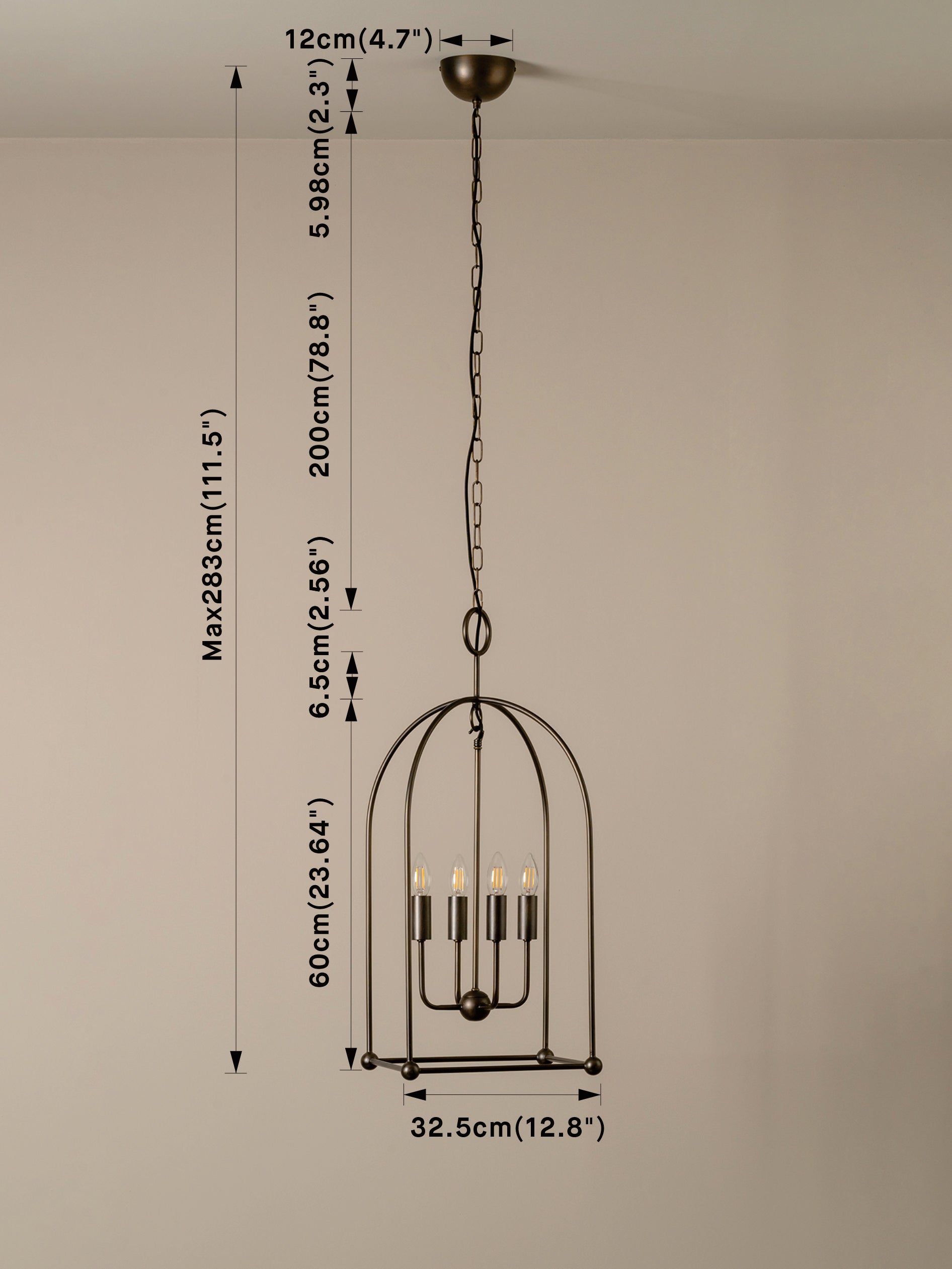 A hanging cage-style pendant light fixture with multiple candle-style bulbs, shown against a plain beige wall with overlaid dimension labels and measurements.