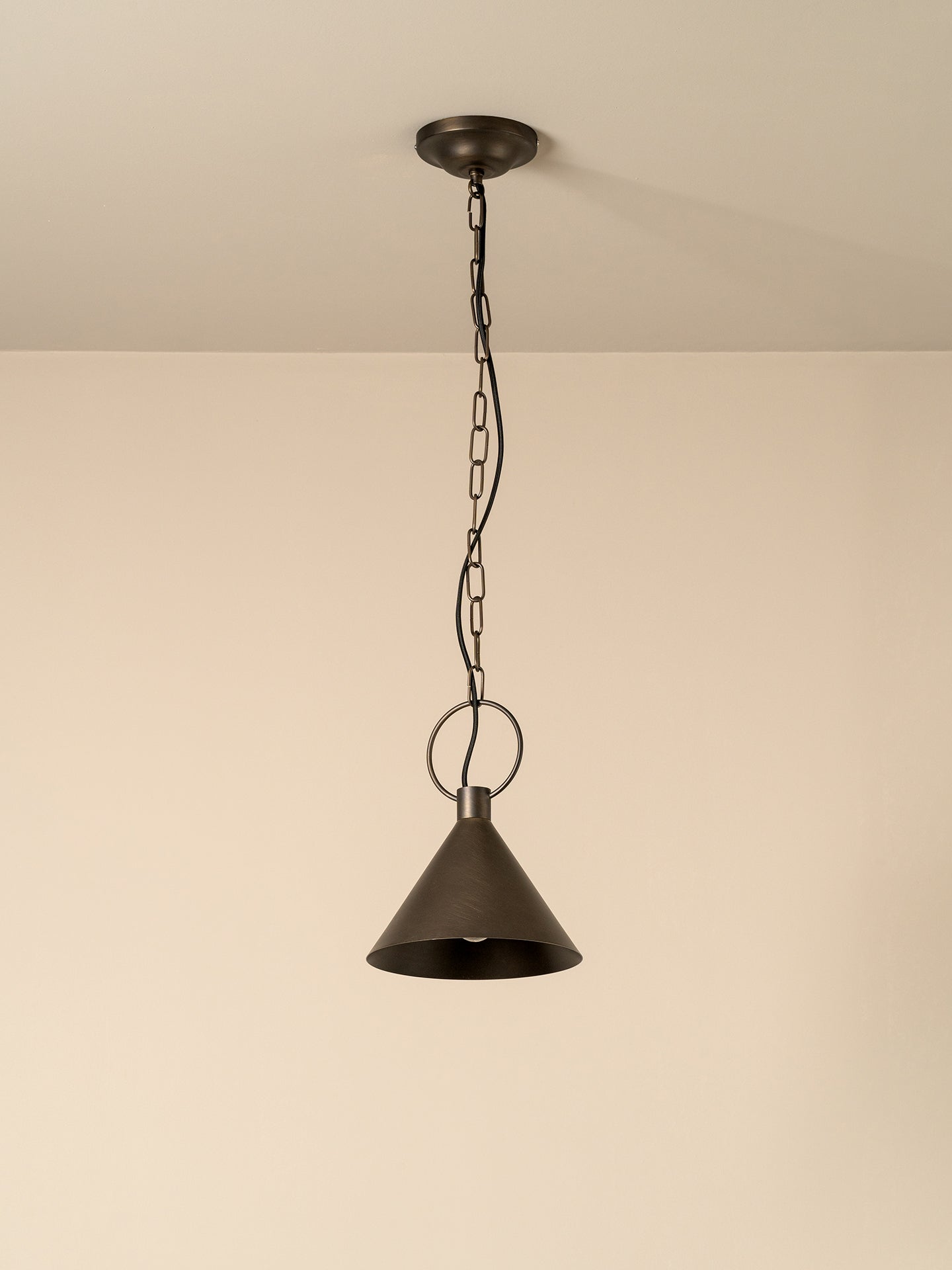 A single hanging pendant light with a dark bronze metal shade and chain, suspended from a ceiling against a plain beige wall.