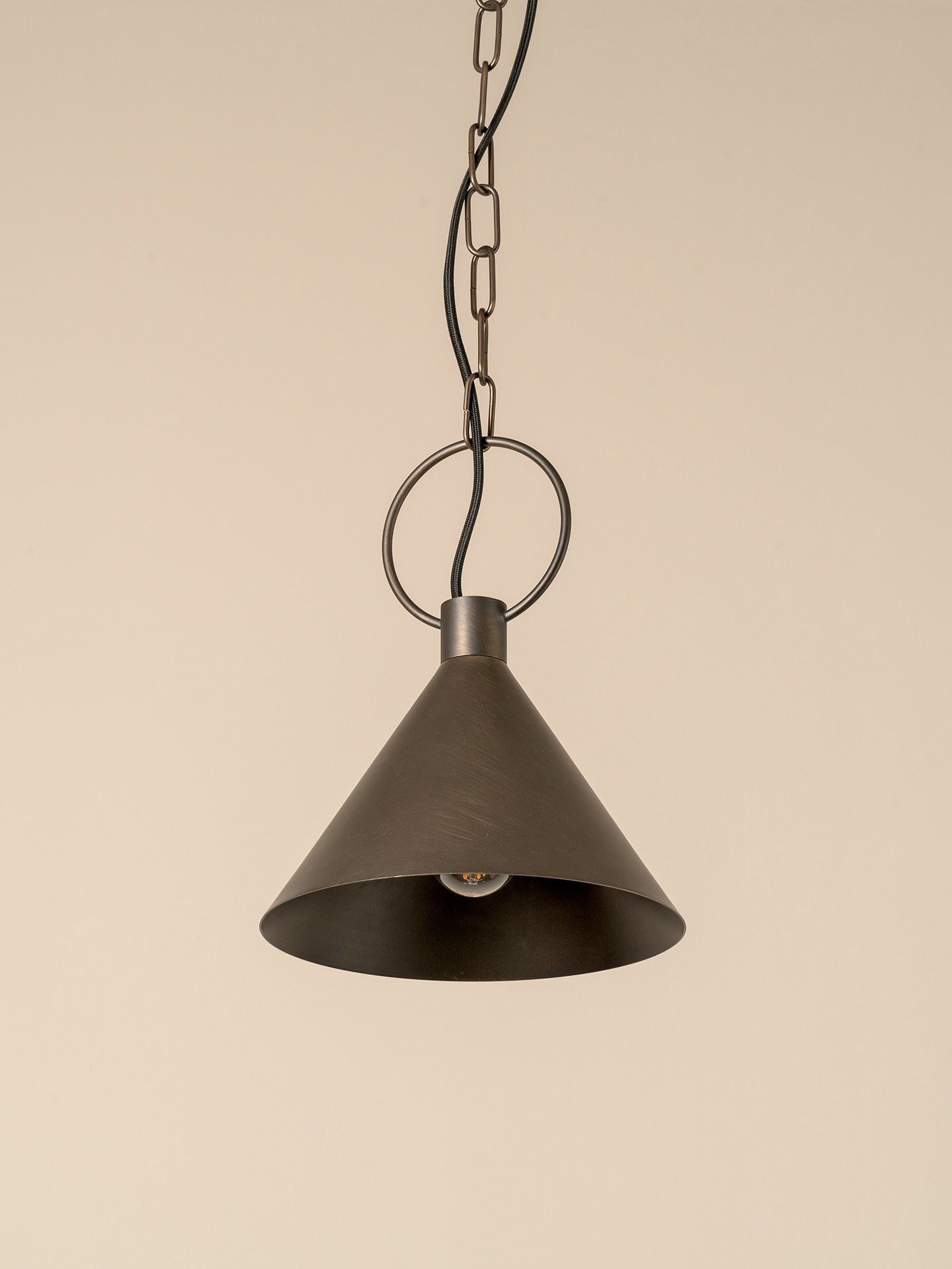 A dark metal pendant light with a conical shade, hanging from a chain and circular ring against a plain beige background.