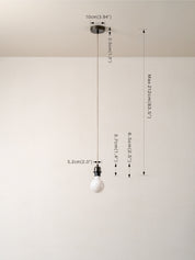 Measurement chart of a pendant light with dimensions labeled on a white background