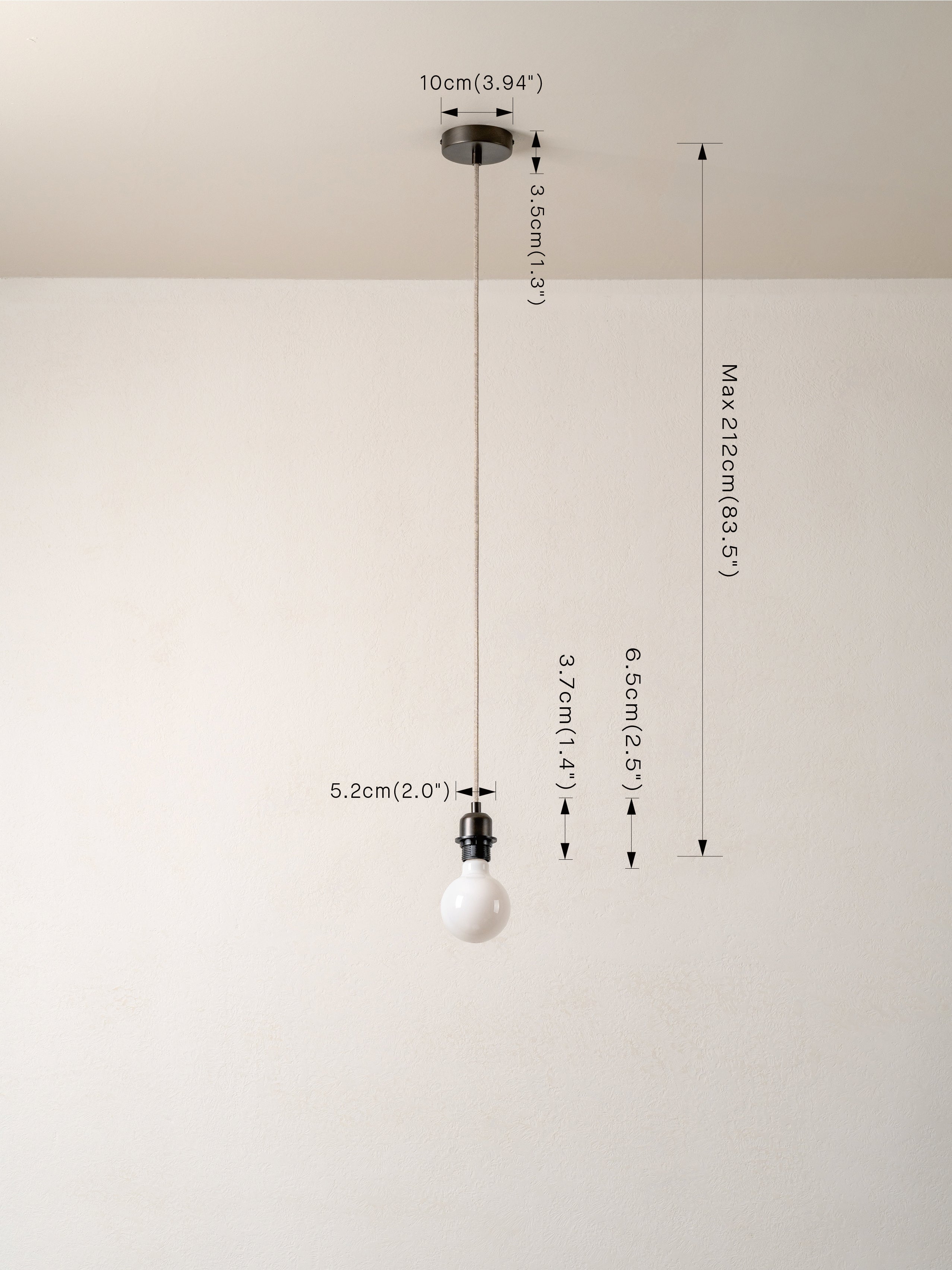 Measurement chart of a pendant light with dimensions labeled on a white background