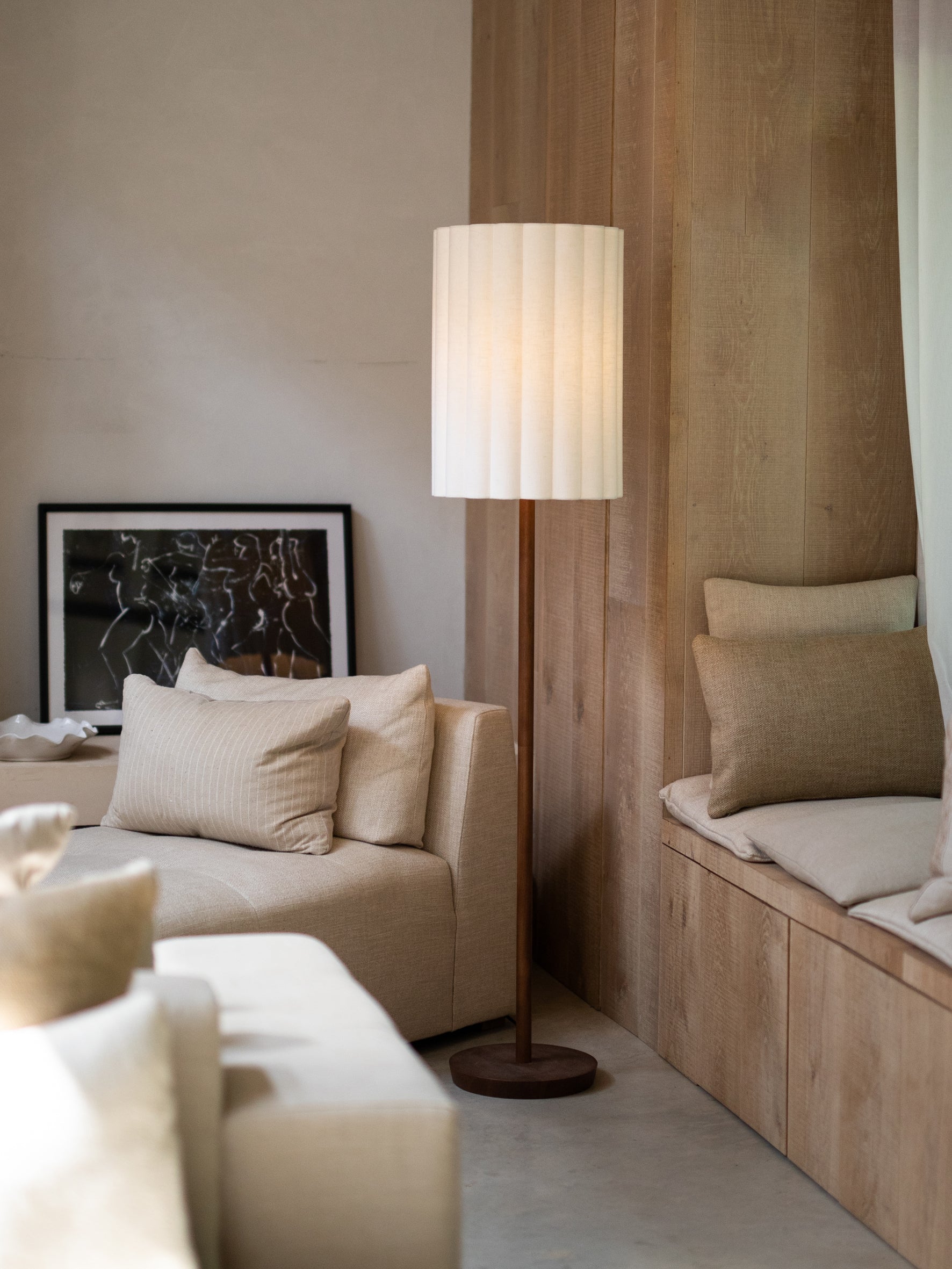 Folia - walnut wood and scalloped natural linen floor lamp | Floor Lamp | lights&lamps | UK | Modern Affordable Designer Lighting
