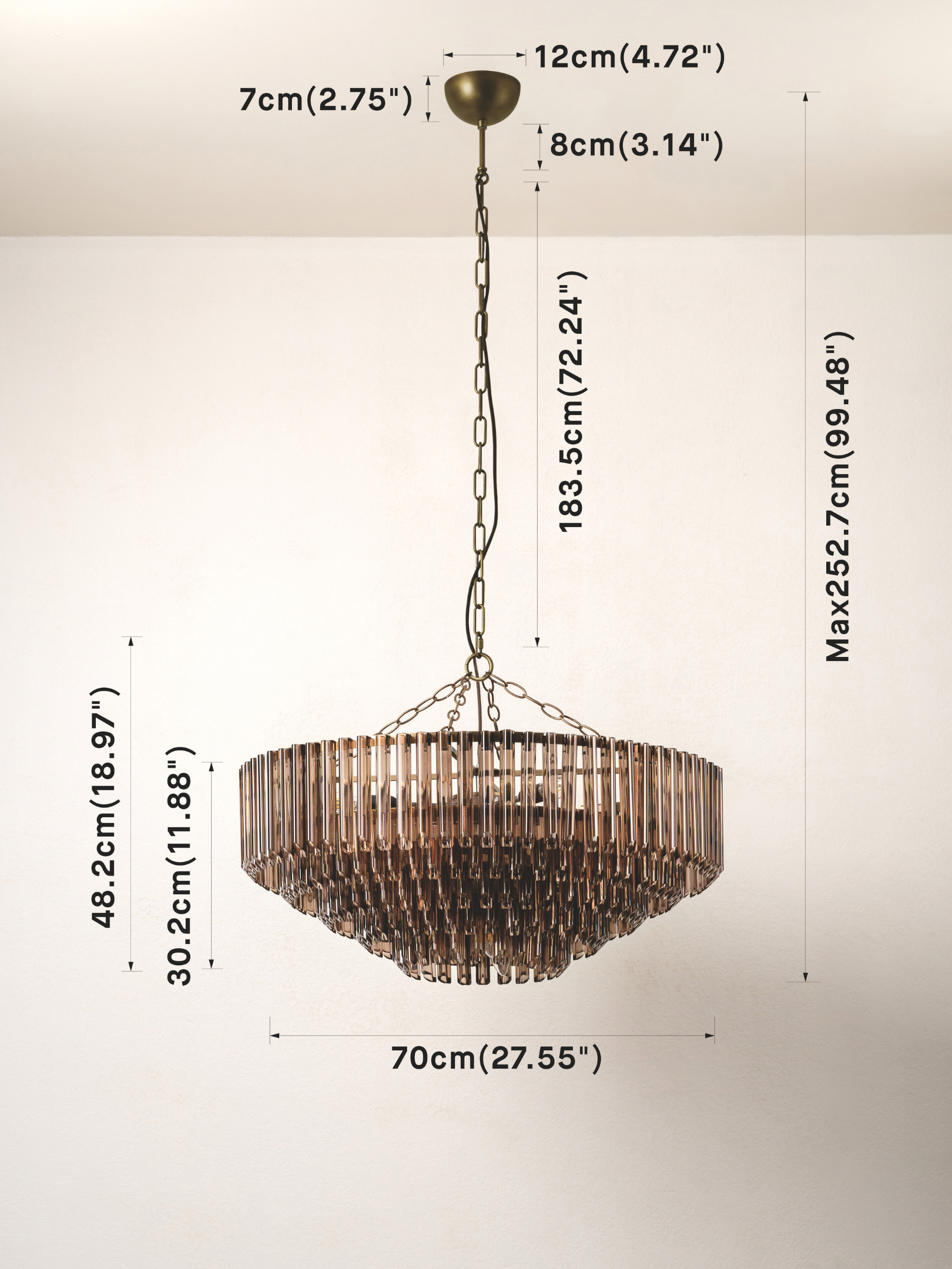 image of smoked brown glass chandelier with dimensions on image
