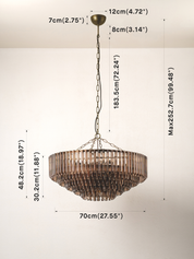 image of smoked brown glass chandelier with dimensions on image
