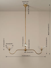 Measurement chart of a brass chandelier with dimensions labeled on a plain background