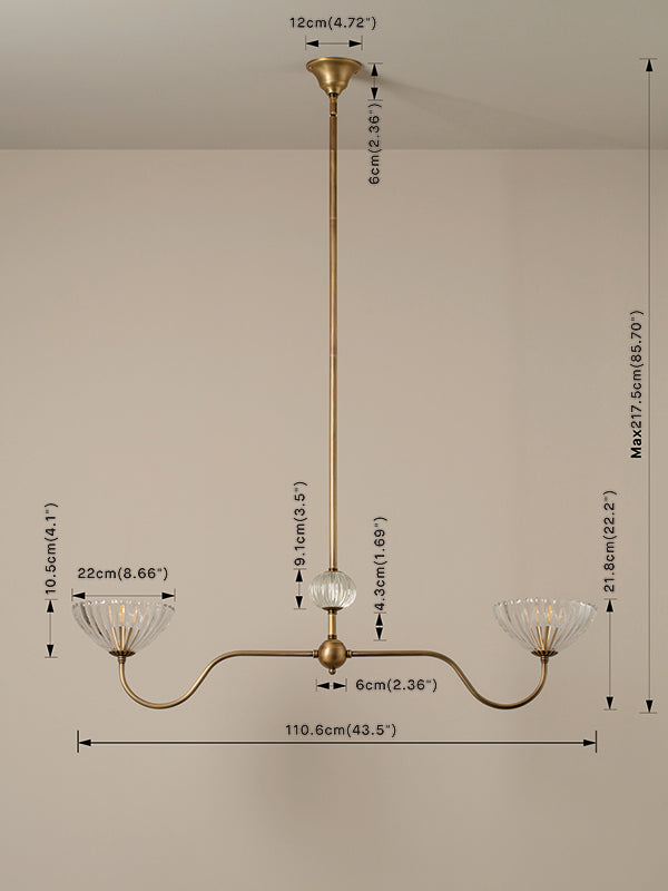 Measurement chart of a brass chandelier with dimensions labeled on a plain background