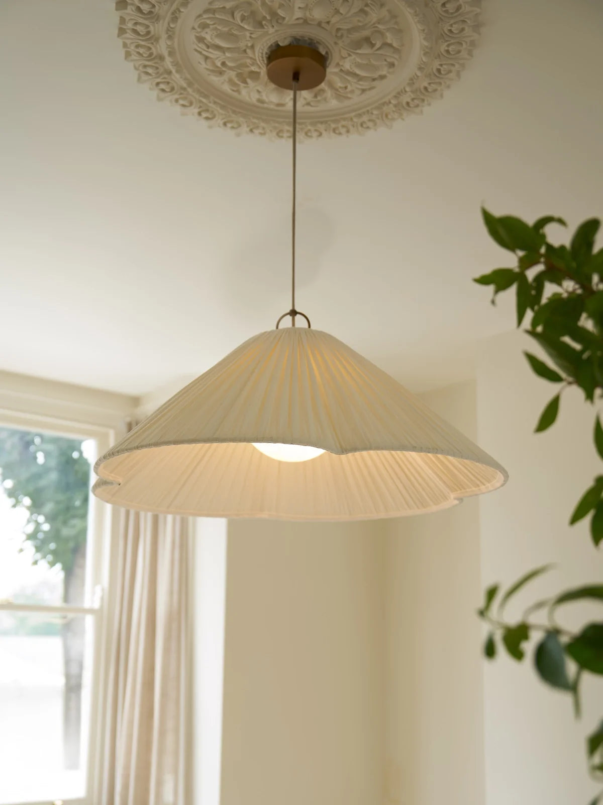 Lindi - aged brass and linen oversized scalloped pendant | Ceiling Light | lights&lamps | UK | Modern Affordable Designer Lighting
