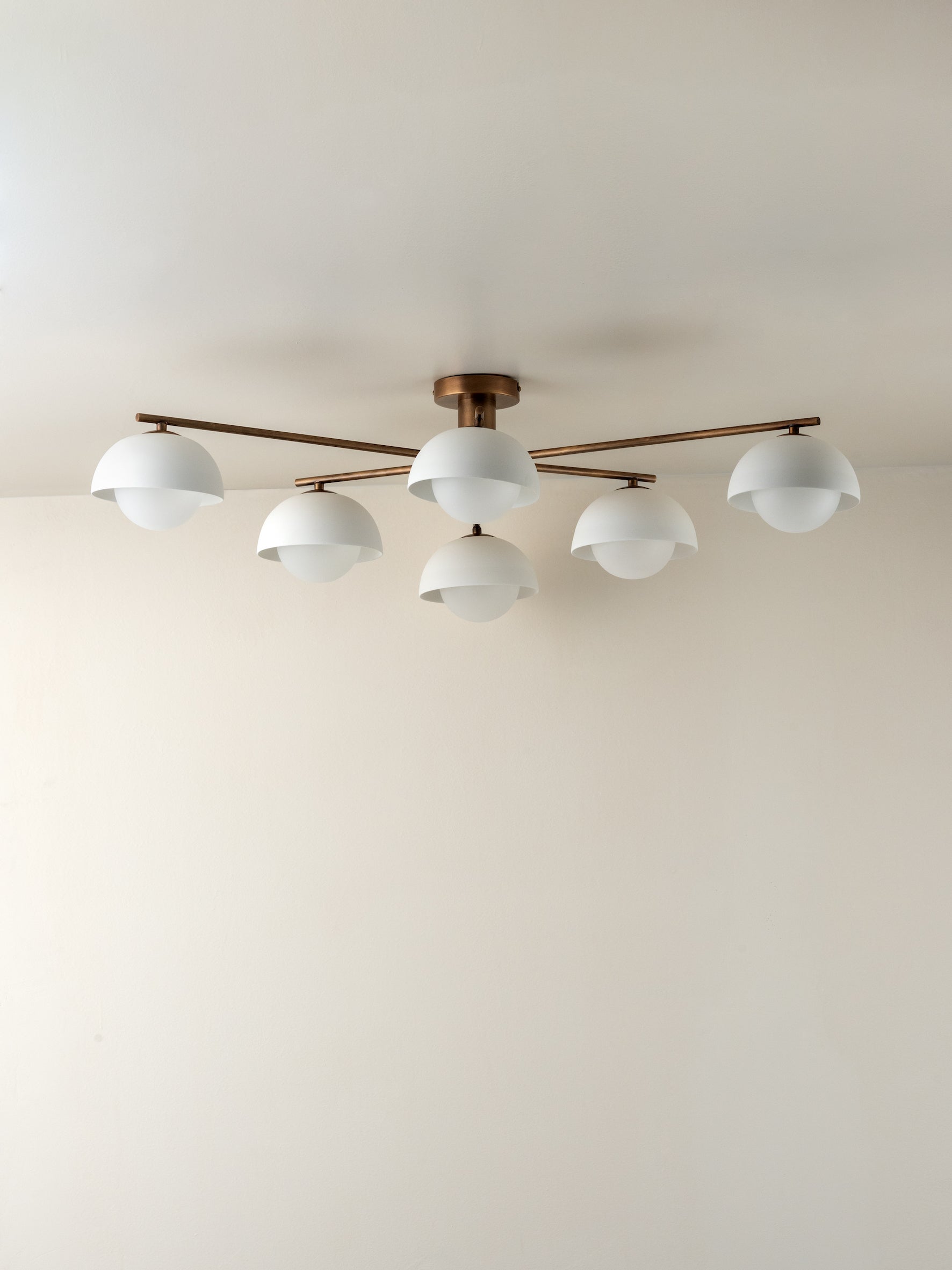 Porsa - 6 light aged brass and warm white porcelain flush | Ceiling Light | Lights & Lamps Inc | USA