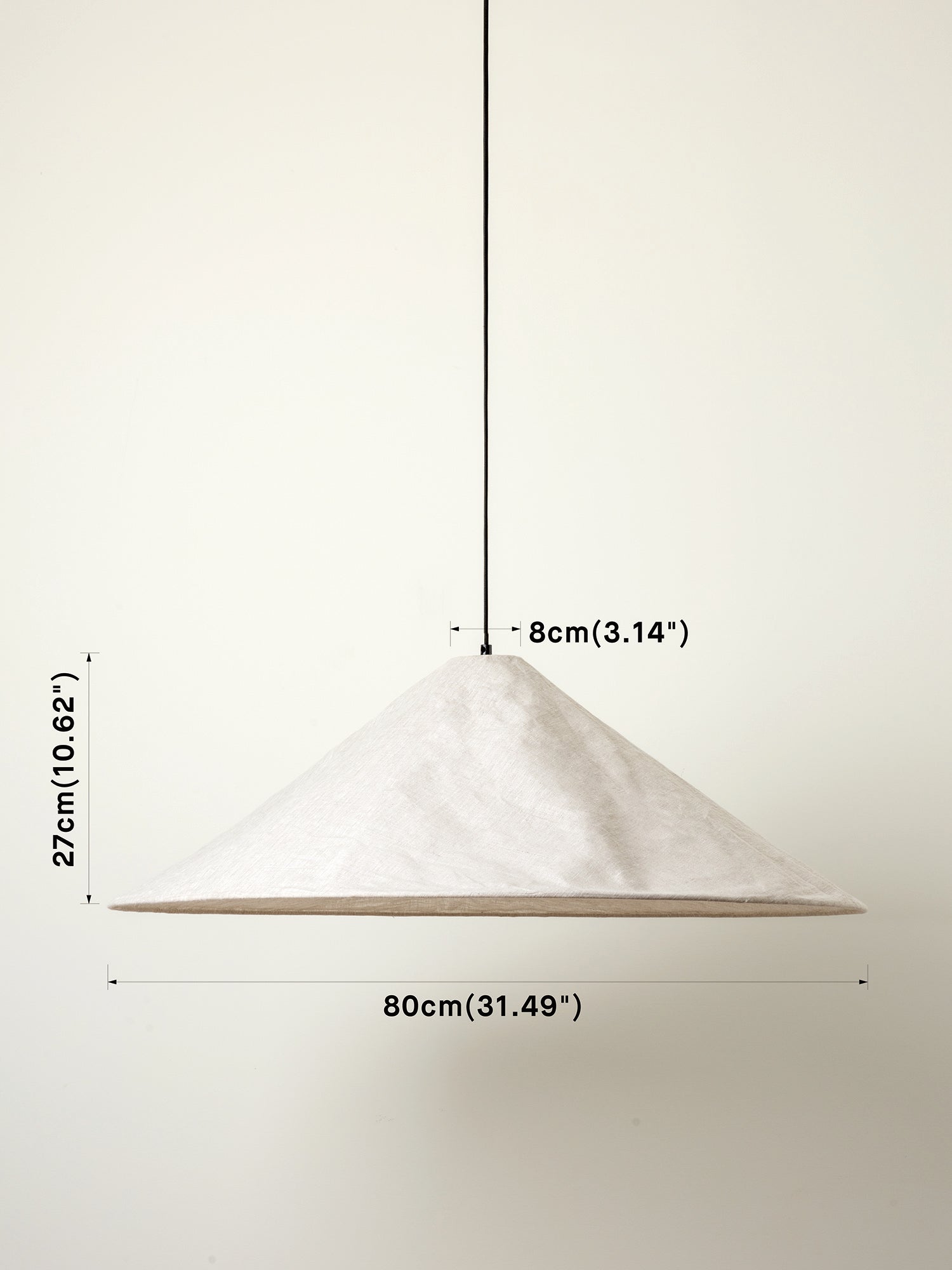 A cone-shaped pendant light with a textured off-white shade and a thin black cord, shown against a plain light background with dimension labels indicating 80cm width, 27cm height, and 8cm top radius.