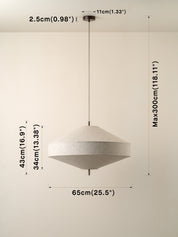 A pendant light fixture with a tapered, dome-shaped white textured shade suspended by a slim dark metal rod. The image features dimension lines and text overlays indicating measurements: 65cm (25.
