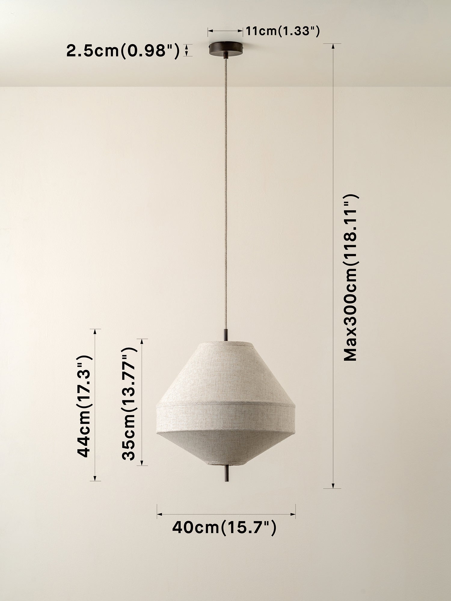A pendant light fixture with a tapered conical shade in a light beige textured material, suspended by a thin black cord from a black ceiling canopy. The image includes dimension annotations showing the product's height, width, and depth measurements against a plain off-white wall.