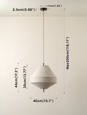A pendant light fixture with a tapered conical shade in a light beige textured material, suspended by a thin black cord from a black ceiling canopy. The image includes dimension annotations showing the product's height, width, and depth measurements against a plain off-white wall.