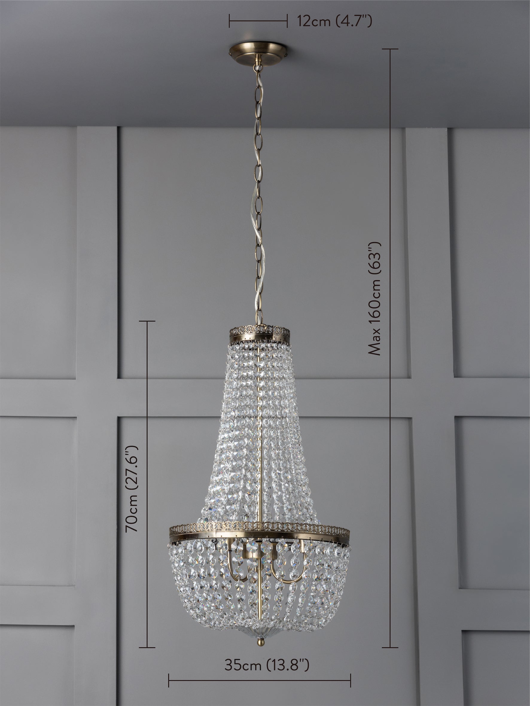 Pioni - 3 light antique brass crystal glass chandelier, Ceiling Light