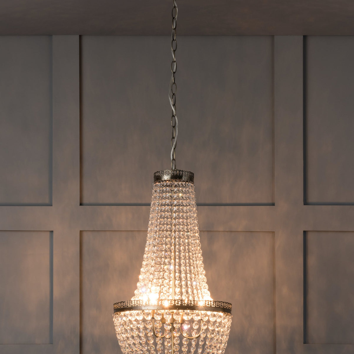 Pioni - 3 light antique brass crystal glass chandelier, Ceiling Light