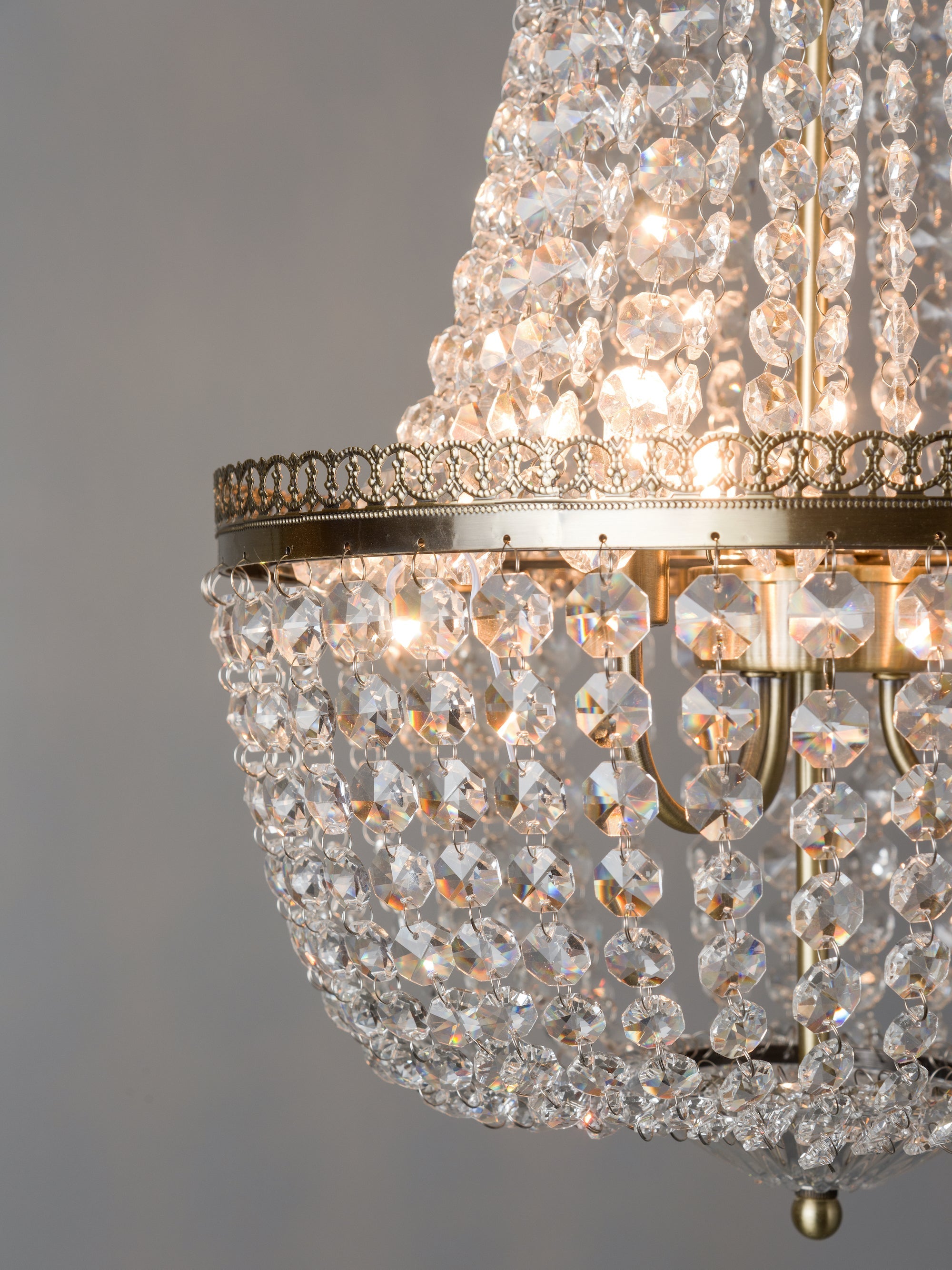 Pioni - 3 light antique brass crystal glass chandelier | Ceiling Light | Lights & Lamps Inc | USA