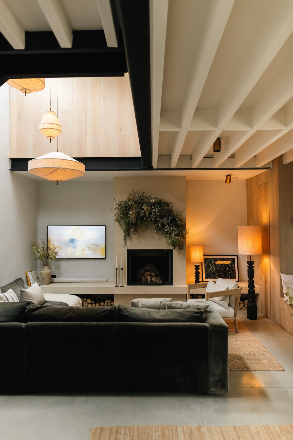 Aska tall charred wood and natural linen table lamp