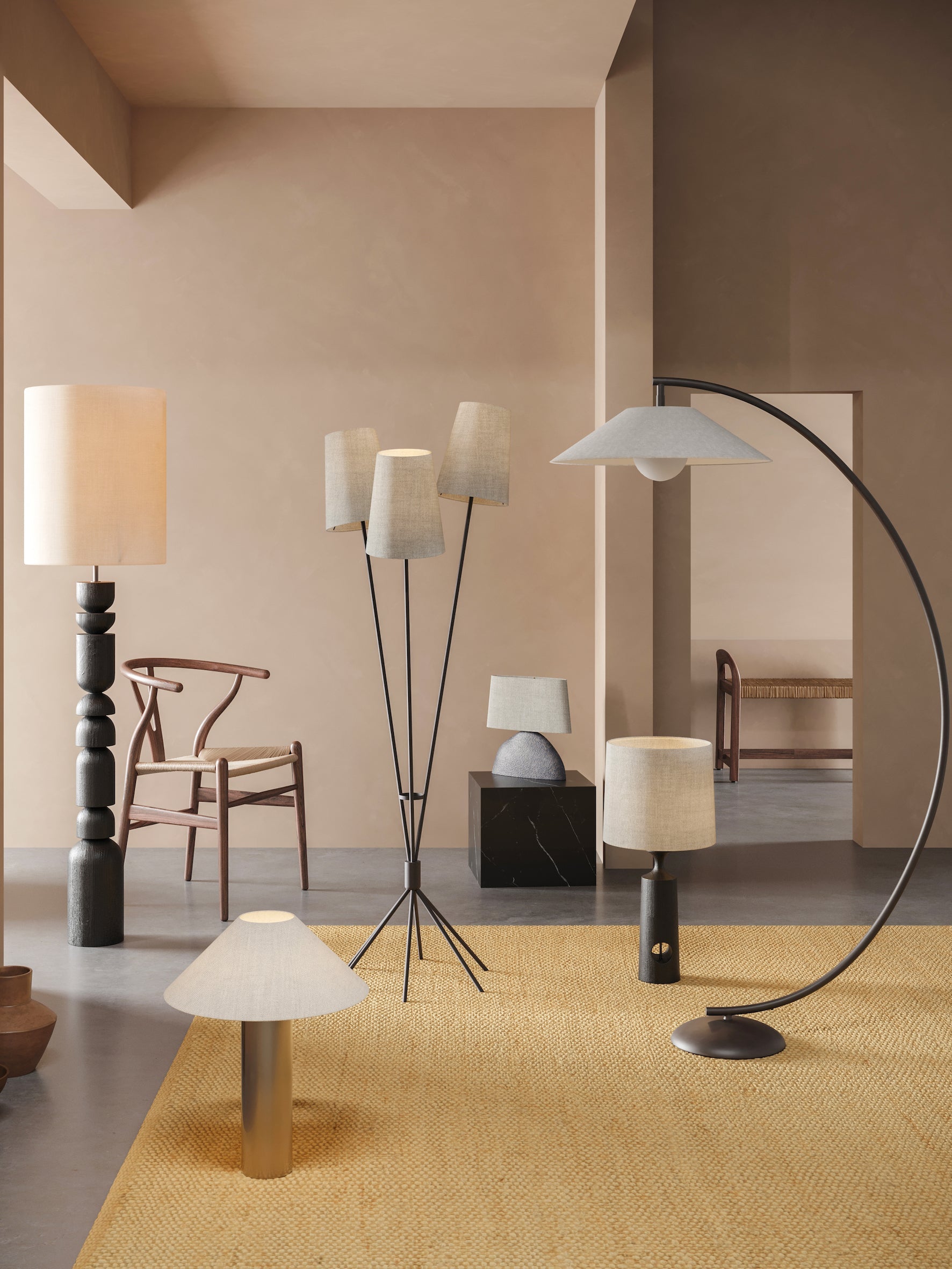 Renwick - 3 light linen and bronze floor lamp | Floor Lamp | Lights & Lamps Inc | Modern Affordable Designer Lighting | USA