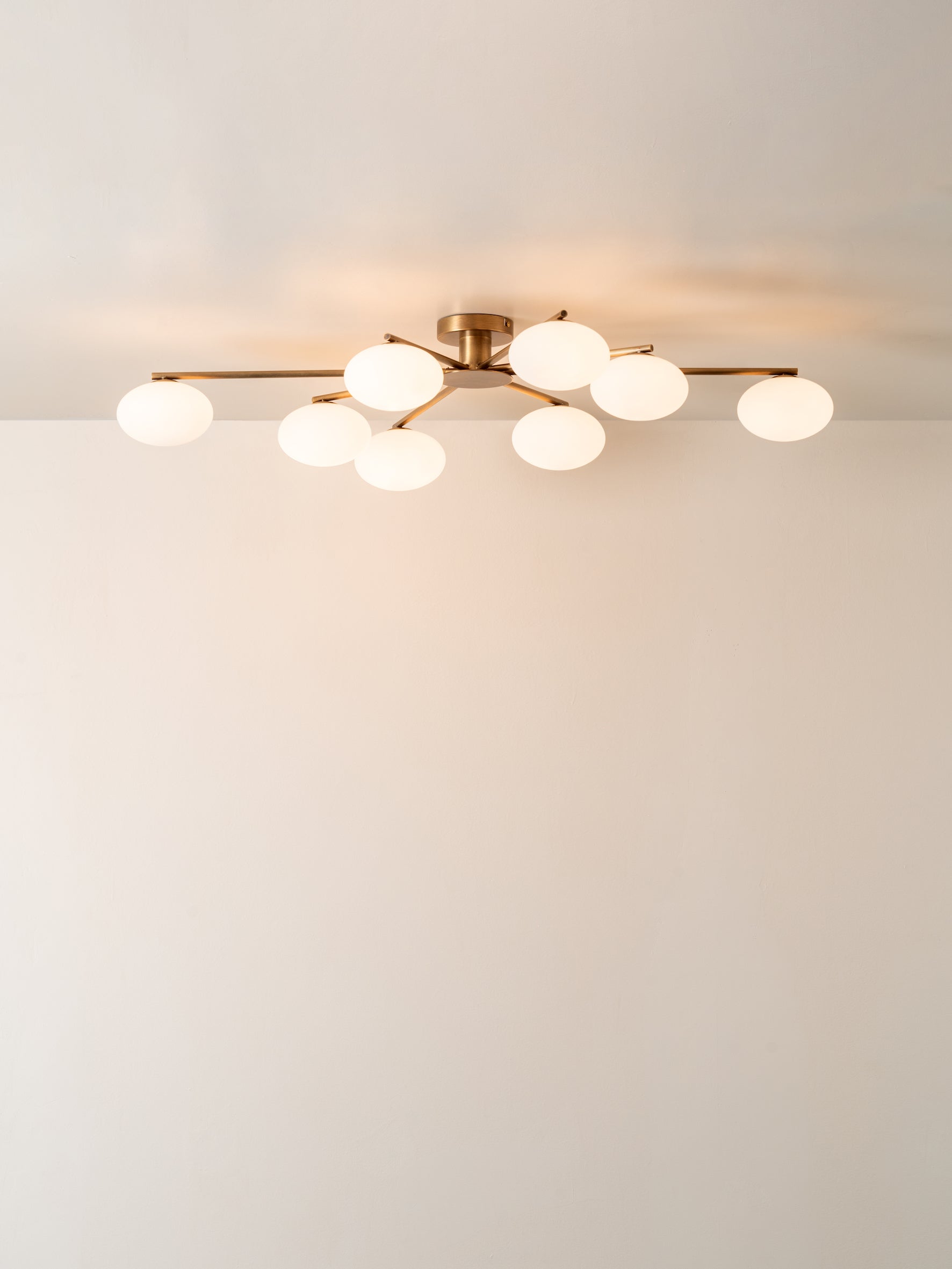 Imperial - 8 light aged brass and opal flush pendant | Ceiling Light | Lights & Lamps Inc | USA