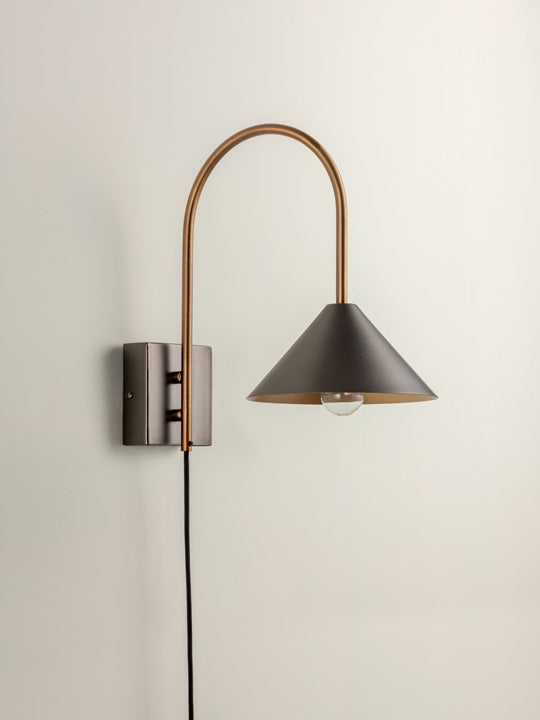 Orta - 1 light antique silver and burnished brass cone wall light | Wall Light | Lights & Lamps Inc | USA